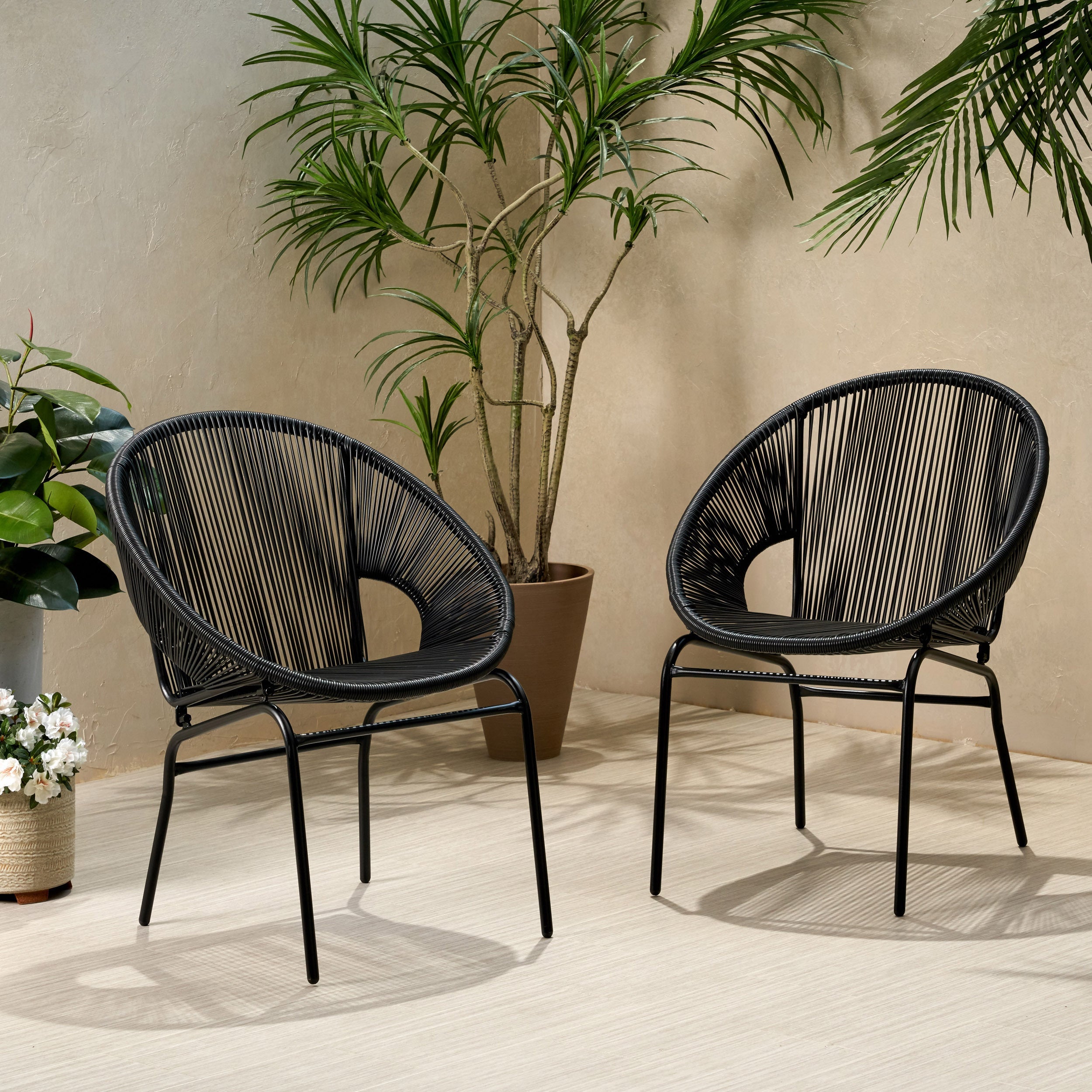Outdoor Faux Rattan/Iron Metal Club Chair, Set of 2, Black