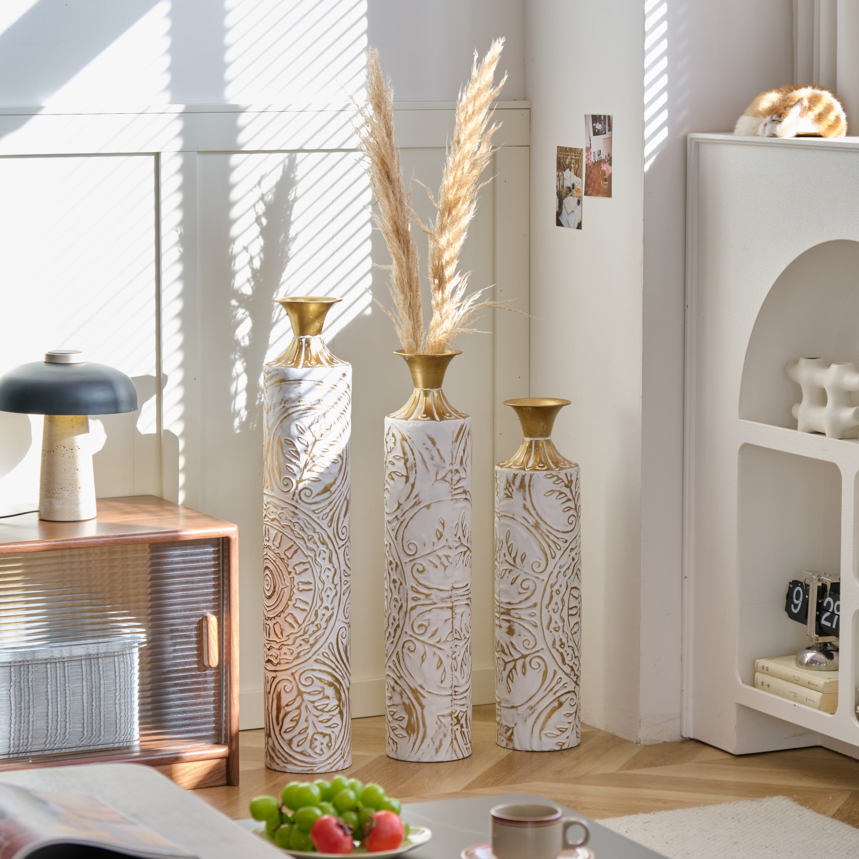 Floor Metal Vases Decorated White Metal Vases Set of 3 Gorgeous Home Decoration Large Glazed Metal Vases 24in/28.7in/33.5in Height