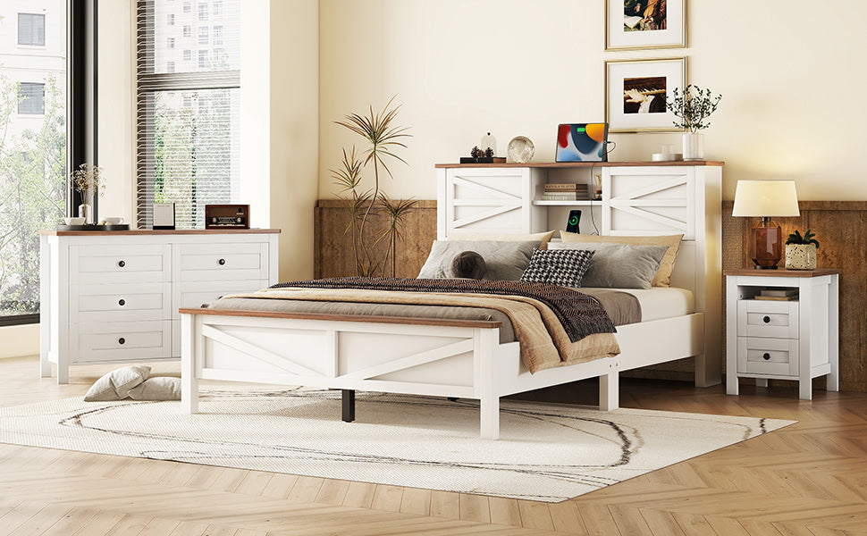 3-Pieces Bedroom Sets Queen Size  Farmhouse Platform Bed with Double Sliding Door Storage Headboard, Storage Nightstand and Dresser, White+Brown(Old SKU HL000092AAK)