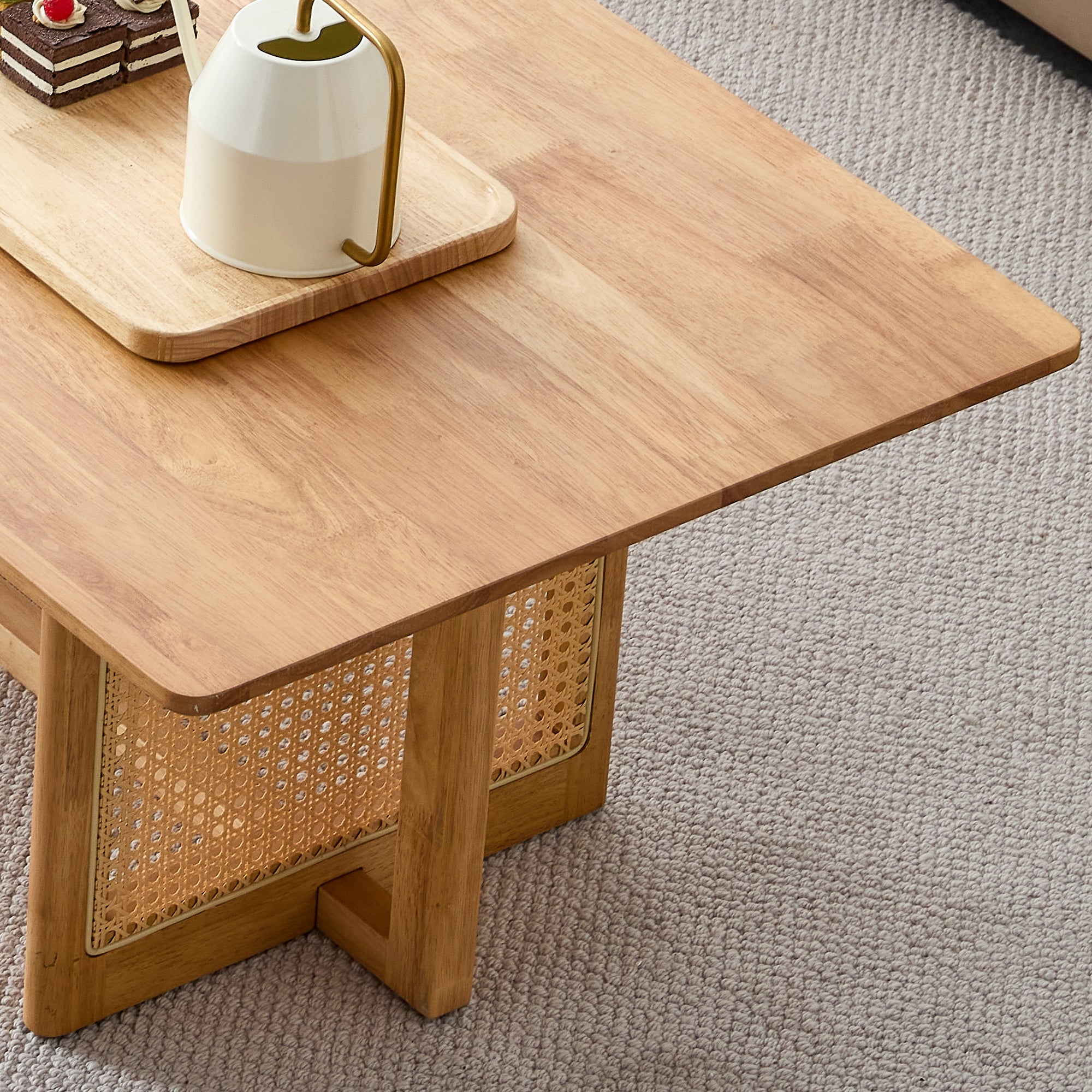 Natural rubber wood and solid wood coffee table  Modern minimalist rattan weaving design, living room balcony, multifunctional small-sized furniture