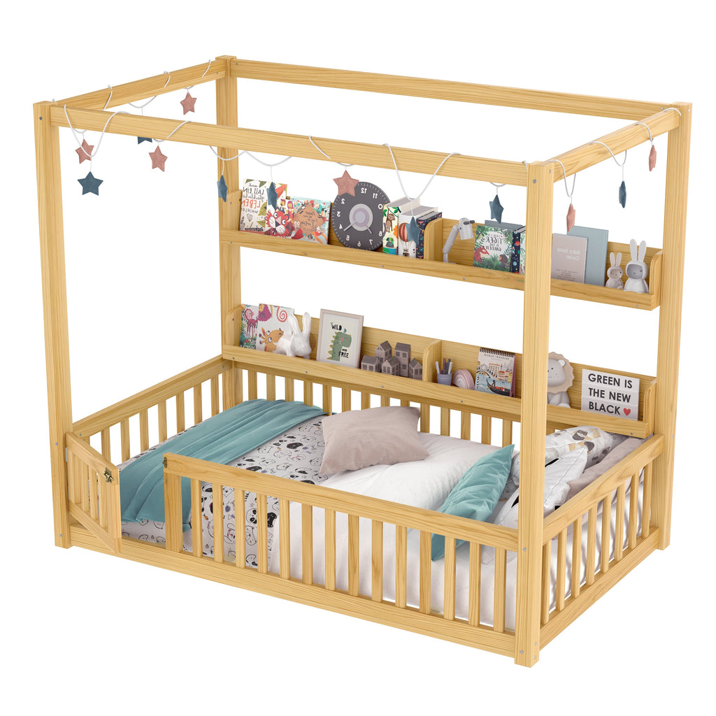 Twin Size Canopy Bed with Guardrails, Solid Wood Floor Bed with Shelves, Montessori Floor Bed Frame for Kids, Boys, Girls, No Spring Box Needed, Natural