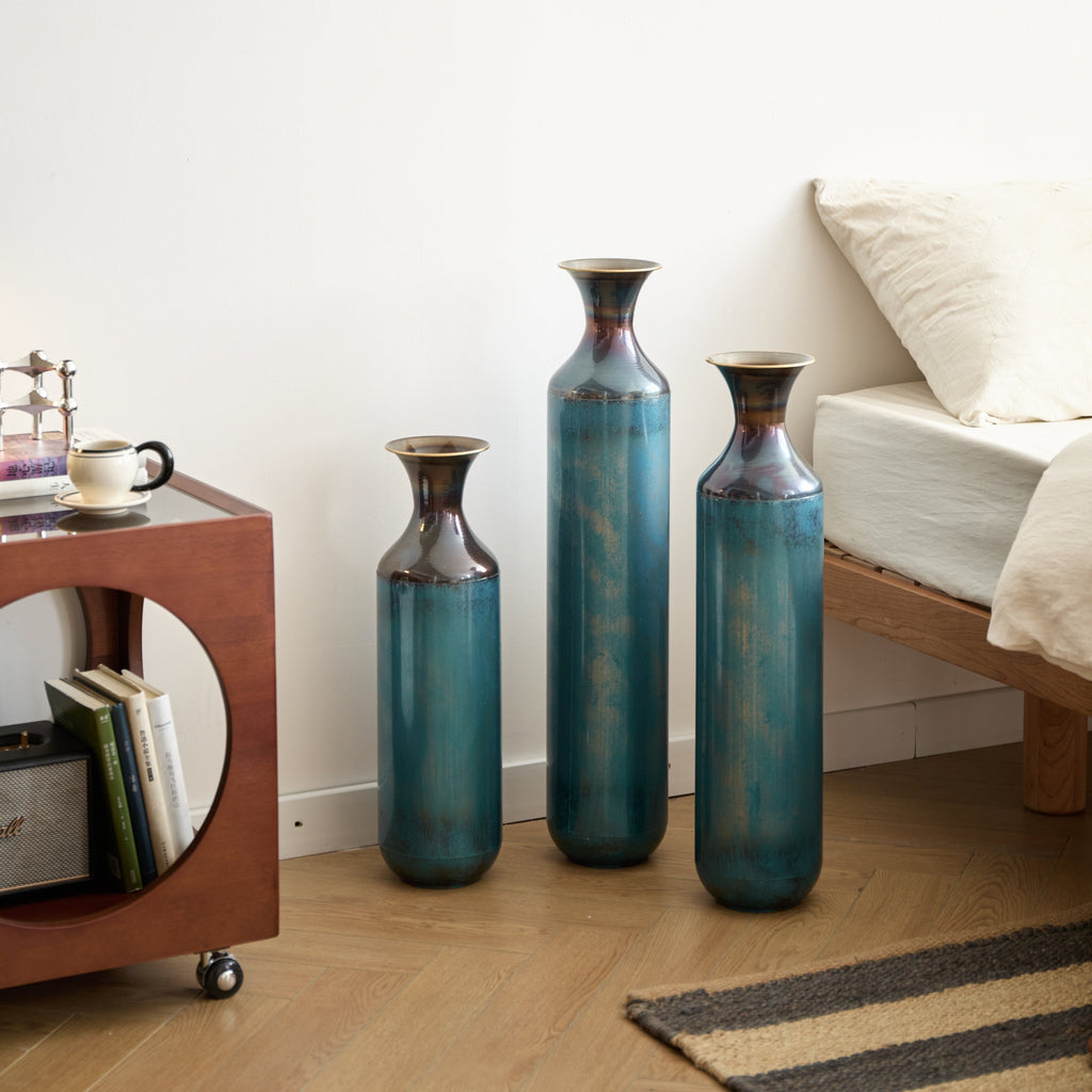 Modern Droplet-Shaped Floor Vase Set – Aqua Blue Glazed Metal Decorative Vases – 3-Piece Home Decor in 20.4 In, 24.4 In & 28.34 In Heights