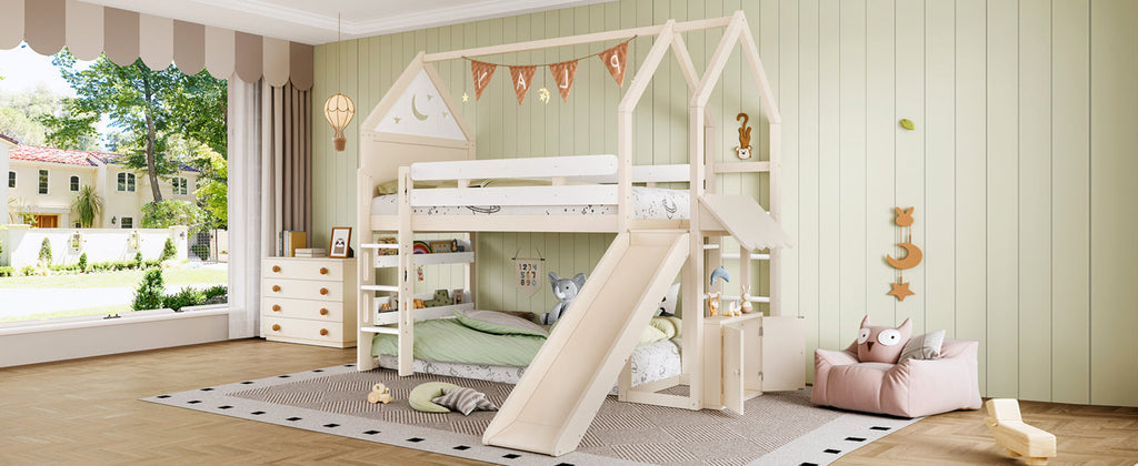 Twin Size Loft Bed with Bookshelf Playful Design for Kids House-Shaped Structure with Slide High-Quality Safety Rails,Beige