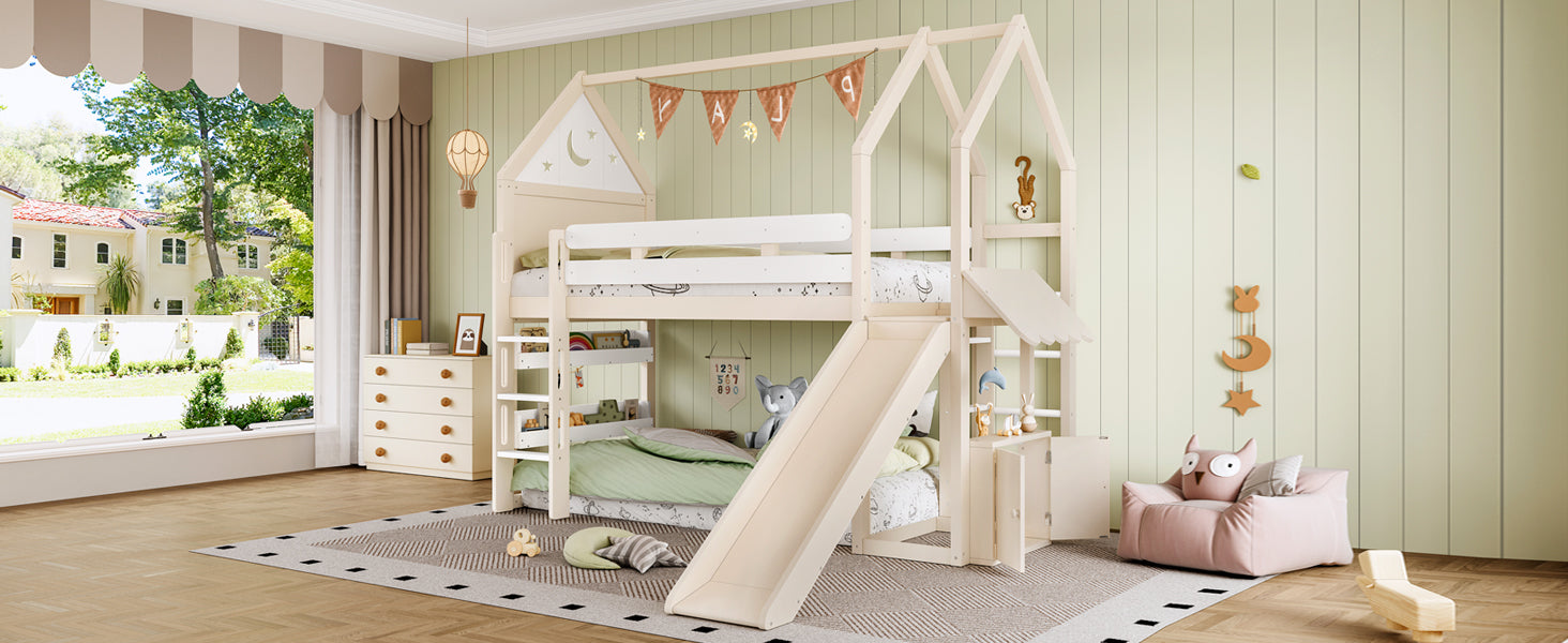Twin Size Loft Bed with Bookshelf Playful Design for Kids House-Shaped Structure with Slide High-Quality Safety Rails,Beige