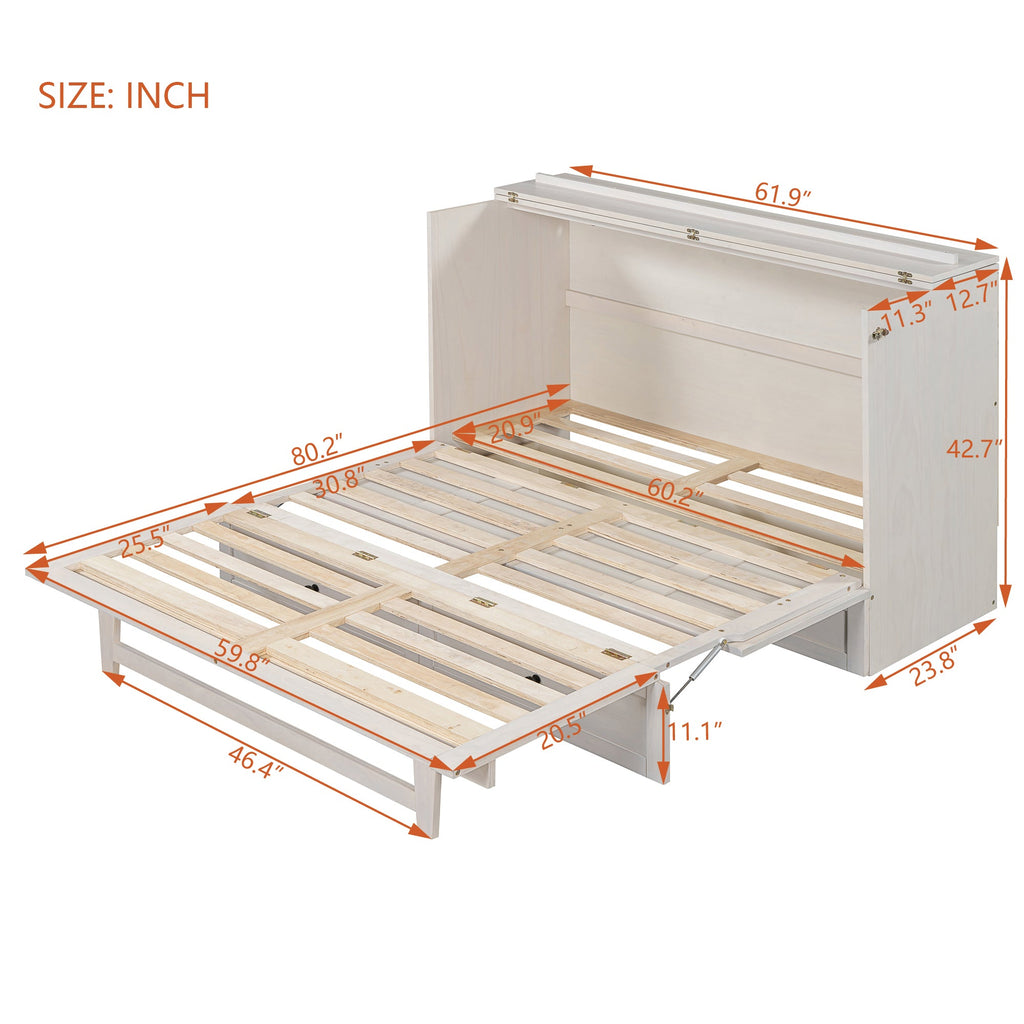 Queen Size Murphy Bed with Large Drawers & USB Ports,Brushed White
