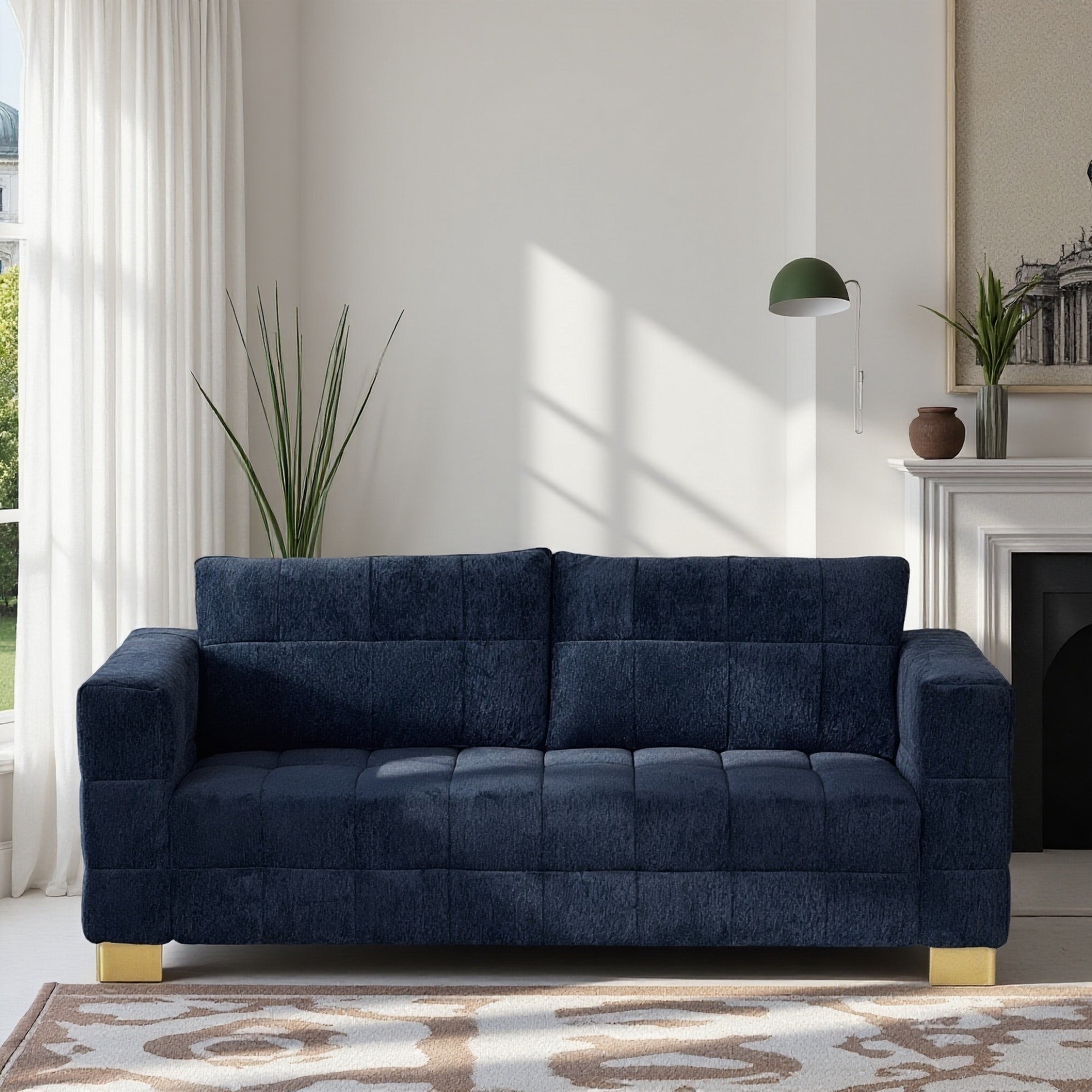 FX-P54-RB SOFA  Retro Blue Chenille Upholstered Couch, Wide-Arm 3-Seater with Custom Stainless-Steel Legs & Tufted Seat  Modern Living Room Sofa for Comfort & Style