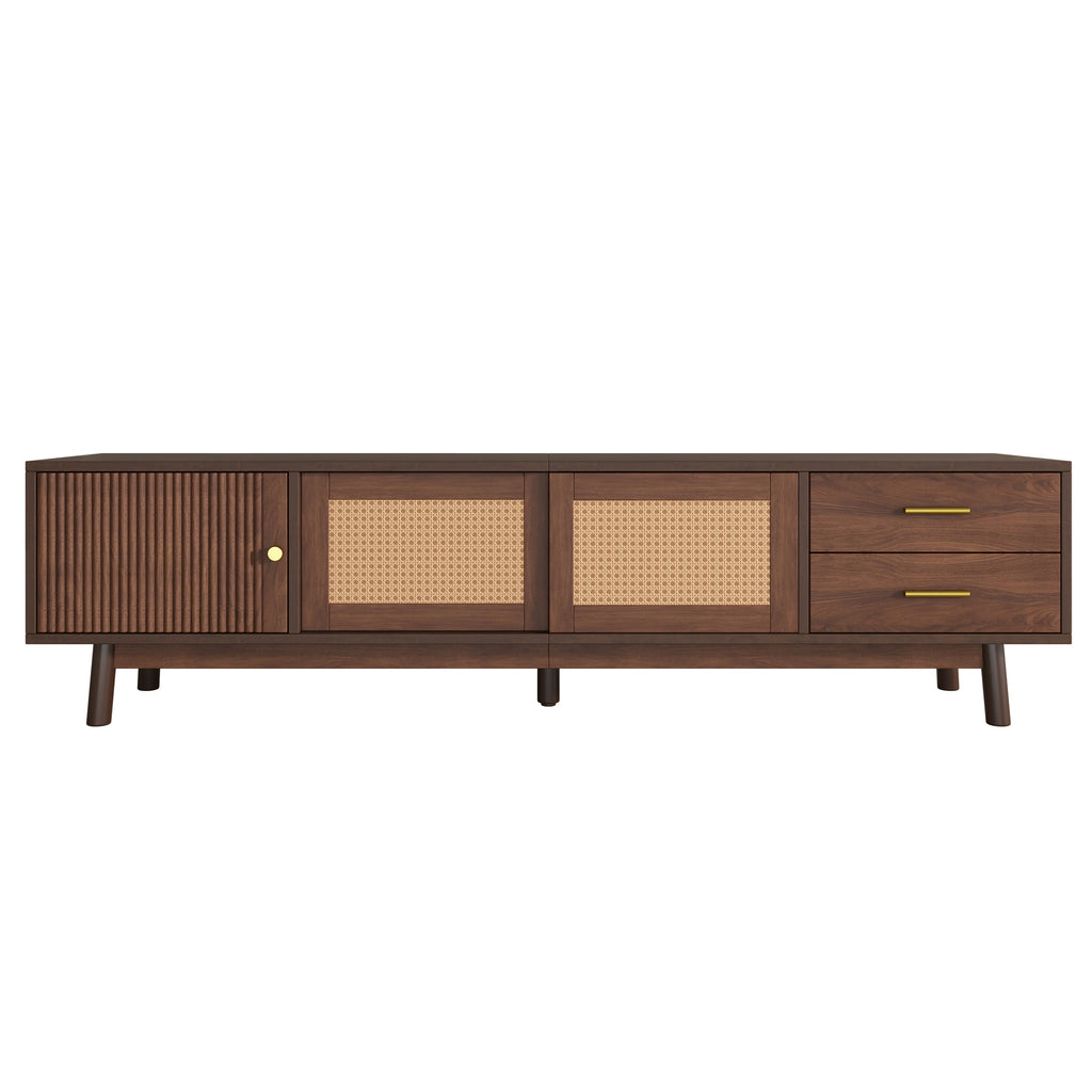 Mid Century Modern TV Stand for 80' TVs, Entertainment Center with Sliding Doors and Drawers, TV Table with Storage for Living Room, Bedroom