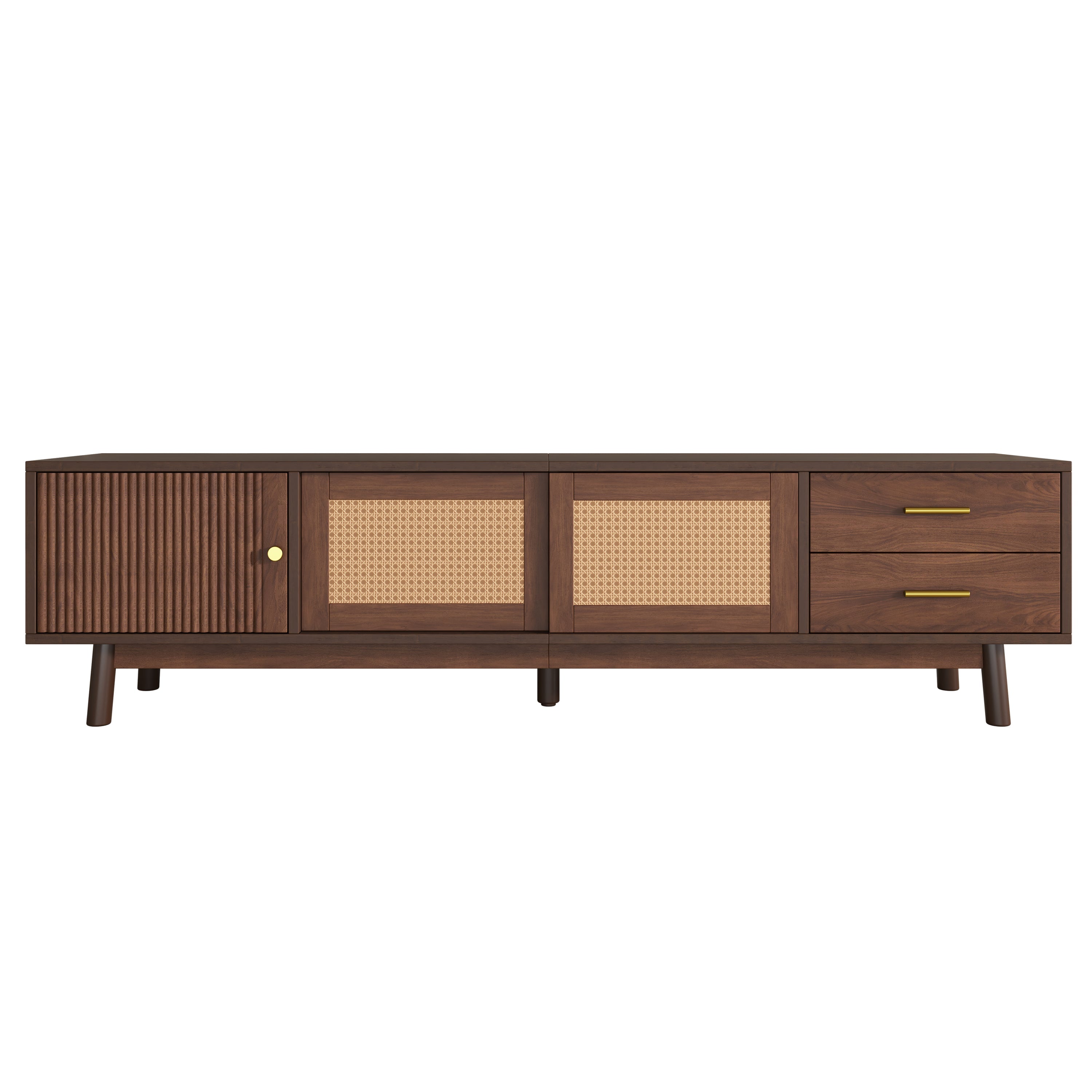 Mid Century Modern TV Stand for 80' TVs, Entertainment Center with Sliding Doors and Drawers, TV Table with Storage for Living Room, Bedroom