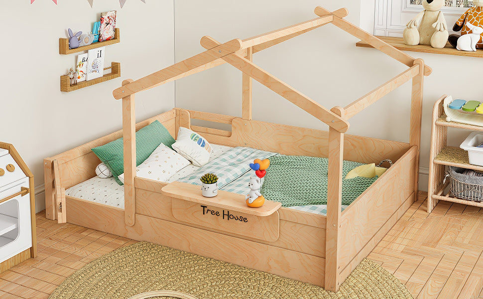 Full Size Floor Bed with Guardrails and Roof, Kids House Floor Bed with a Small Built-in Tray and Free-installed Signboard, Childlike Design, Natural