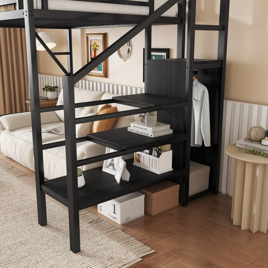 Twin Size Loft Bed with Stairs, Metal Full Loft Bed with Storage Shelves, High Loft Bed with Wardrobe for Kids Teens, Black(Expect Arrival Date 2025/9/22)