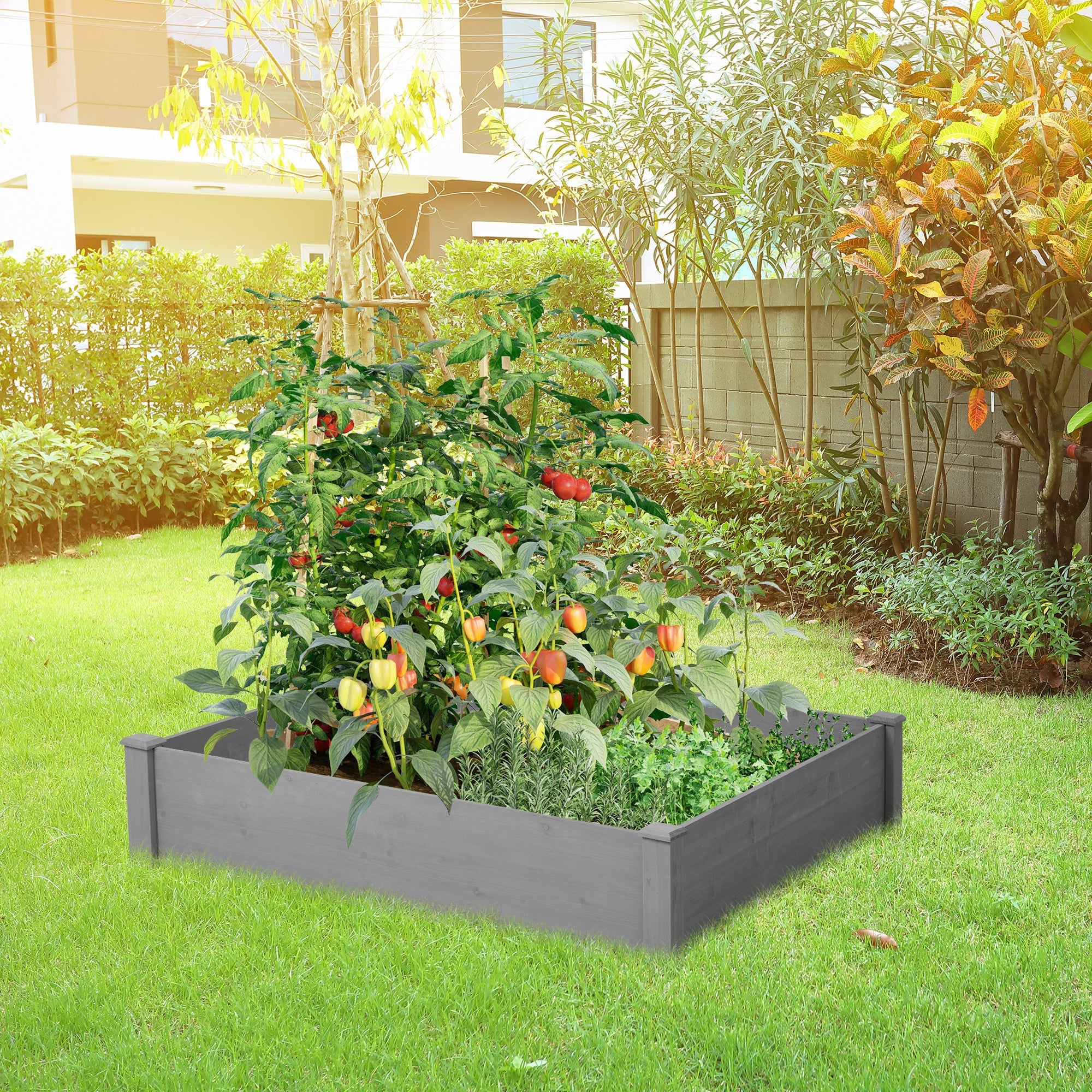 Outdoor Raised Garden Bed 48x48x10'', Tool-Free Assembly, Gray Solid Wood Planter Box