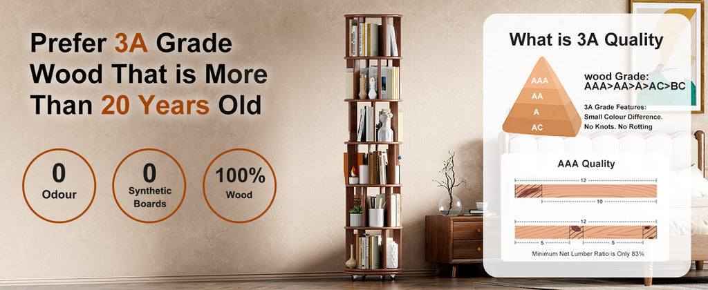 100%Solid Wood Rotating Bookshelf on Wheels, 6 Tier, Round Revolving Bookcase, 360° Spinning Book Shelf Tower for Kids, Narrow Rolling Bookshelves for Small Space, Corner, Bedroom, Office, Walnut