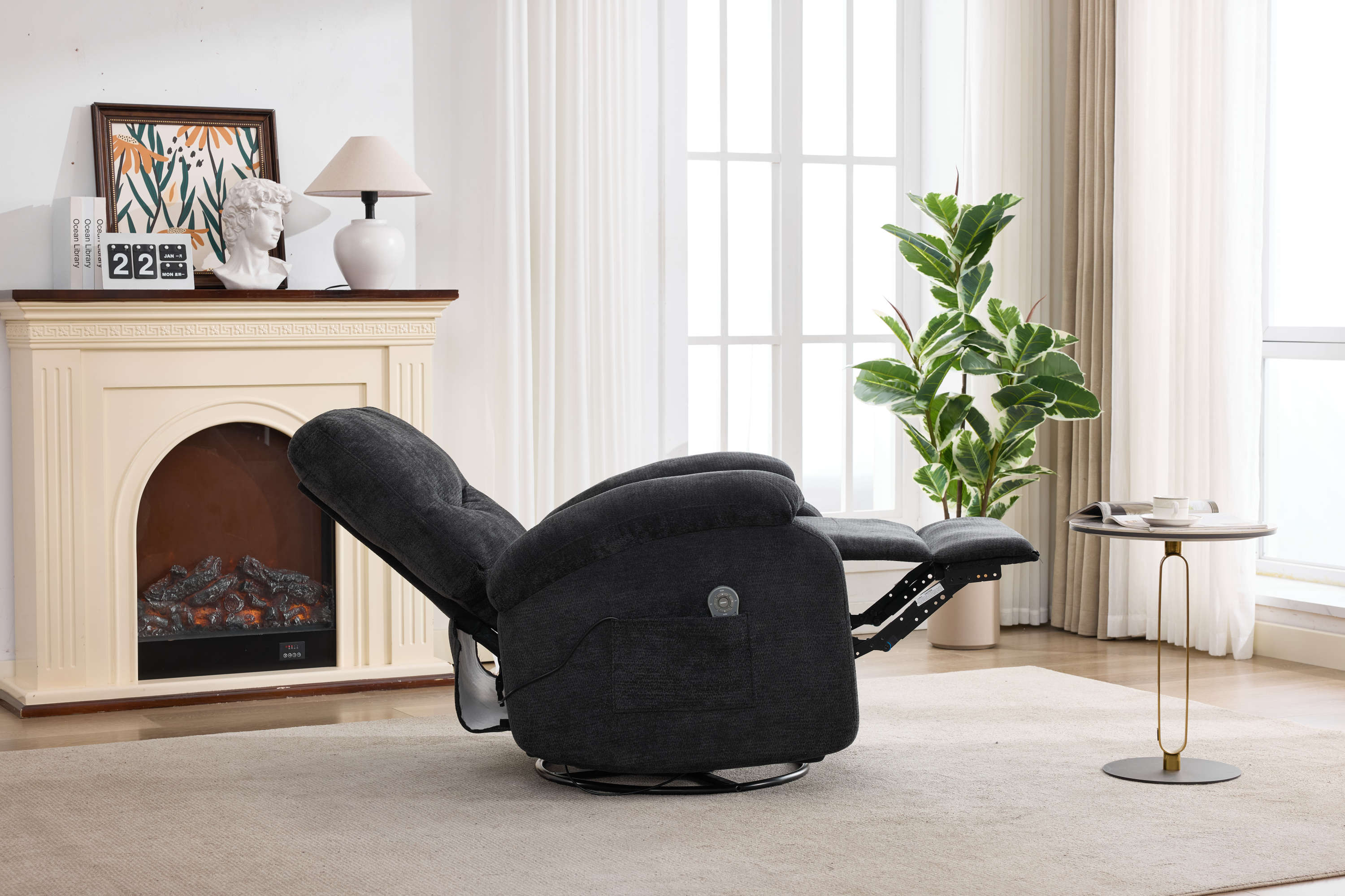 Hot massage manual lounge chair, with rocker arms and rotating fabric, with cup bucket, for living room, black