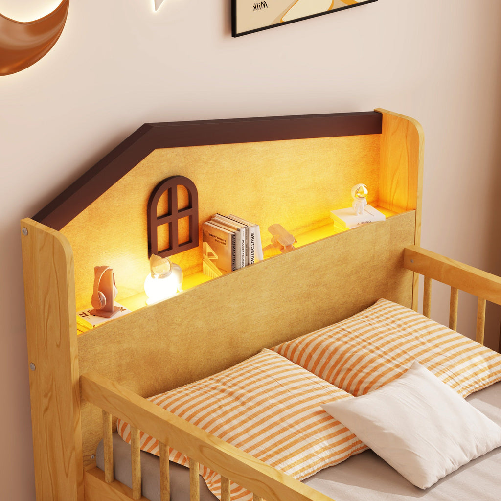 Low Loft Bed with LED Lights, Wooden Twin Loft Bed with House Shape Headboard, Kids Loft Bed with Storage Drawers, Natural (Expect Arrival Date 2025/1/20)