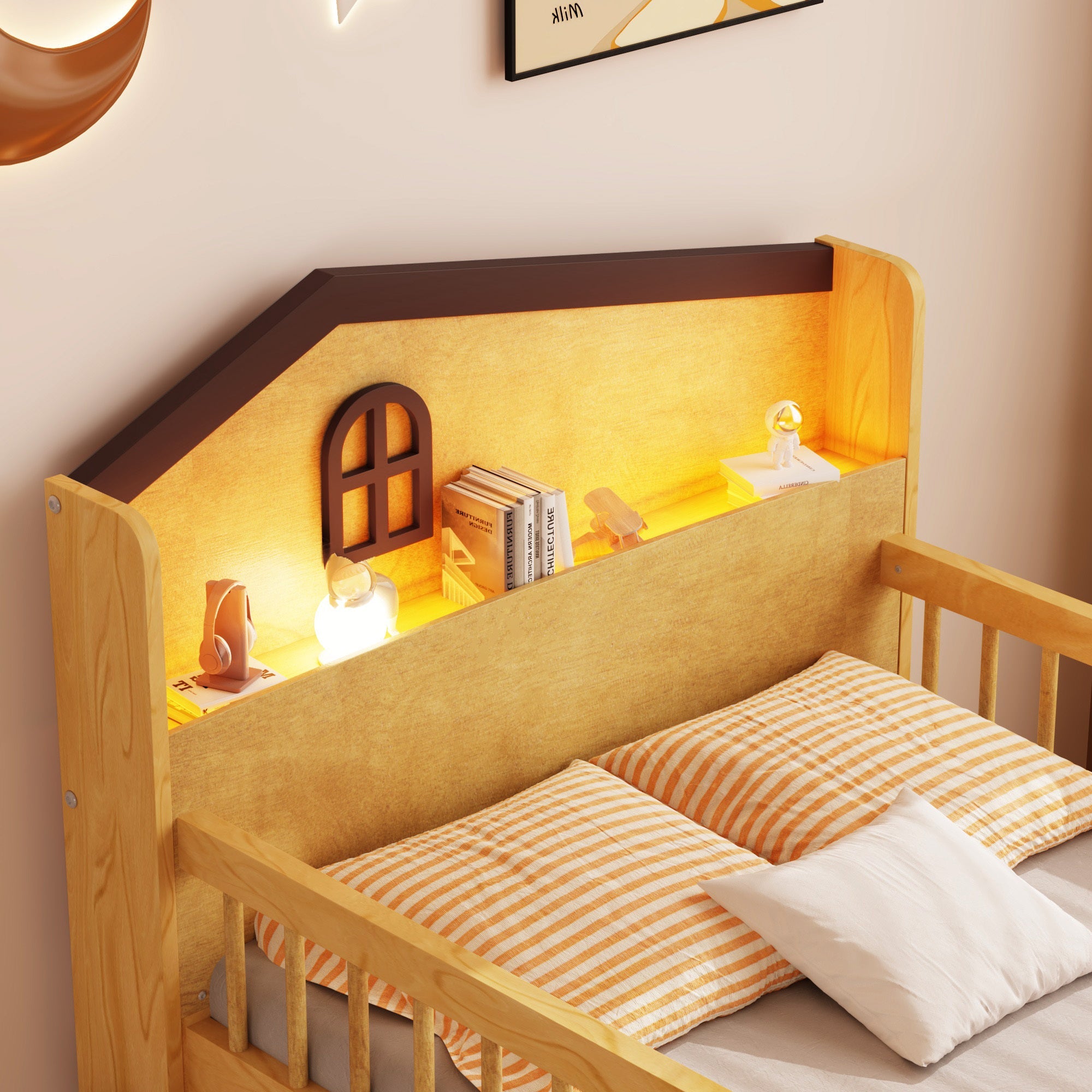 Low Loft Bed with LED Lights, Wooden Twin Loft Bed with House Shape Headboard, Kids Loft Bed with Storage Drawers, Natural (Expect Arrival Date 2025/1/20)
