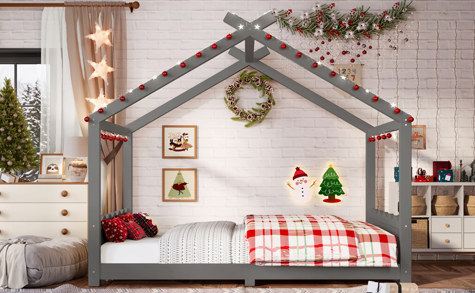 Full House Floor Bed with Support Slats, Solid Wood House Bed Frame for Kids, No Box Spring Needed and Opening Constructure, Gray