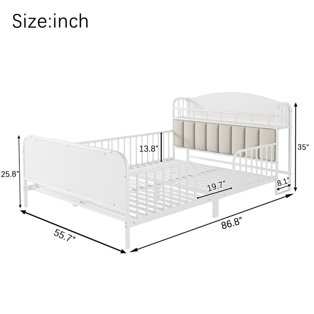 Full Size Metal Platform Bed Frame with Light, Kids Full Metal Bed with Upholstered and Storage Headboard, White (Expect Arrival Date 2025/10/5)