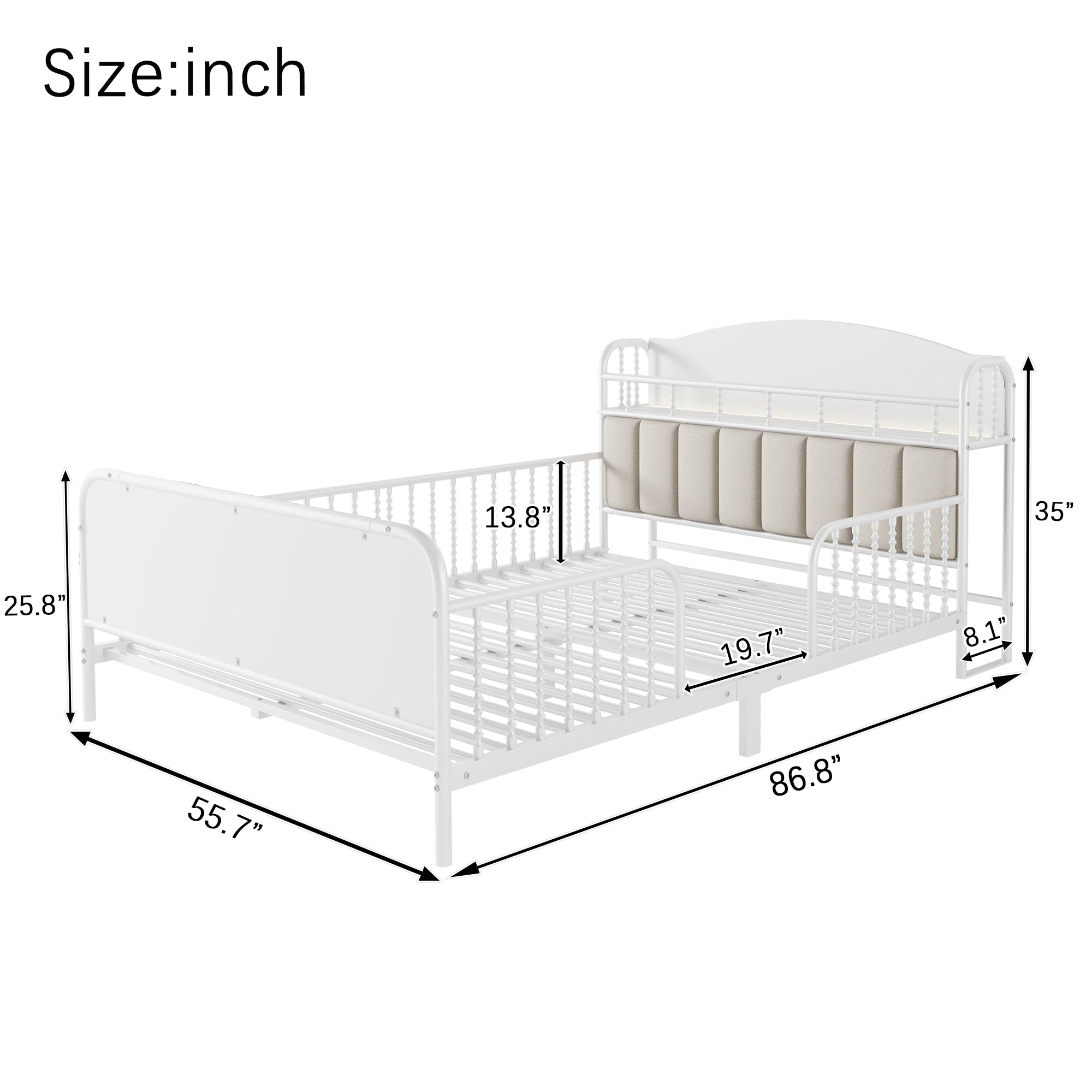 Full Size Metal Platform Bed Frame with Light, Kids Full Metal Bed with Upholstered and Storage Headboard, White (Expect Arrival Date 2025/10/5)