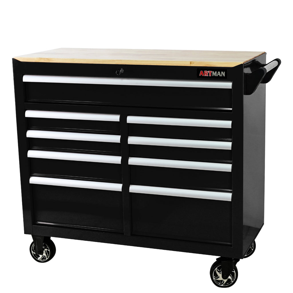 9-Drawer Multifunctional Steel Tool Cart with Wheels and Wooden Top, Black