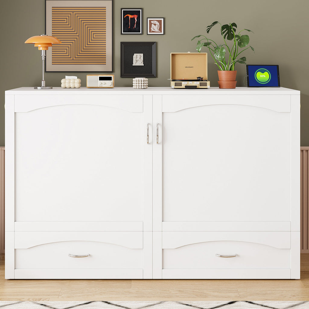 Queen Size Murphy Bed Wall Bed with drawer and a set of Sockets & USB Ports, Pulley Structure Design, White(OLD SKU: LP100671AAK)