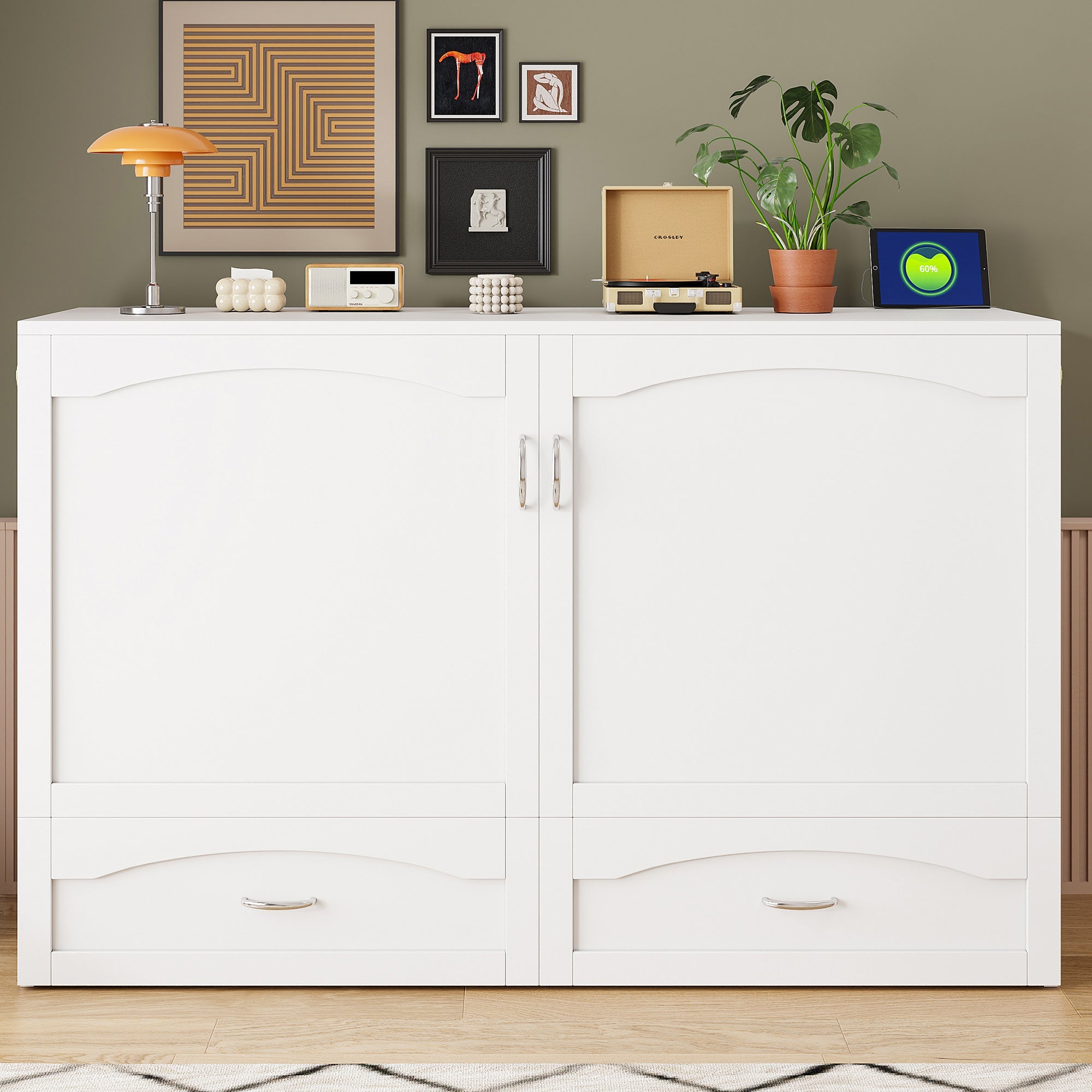 Queen Size Murphy Bed Wall Bed with drawer and a set of Sockets & USB Ports, Pulley Structure Design, White(OLD SKU: LP100671AAK)