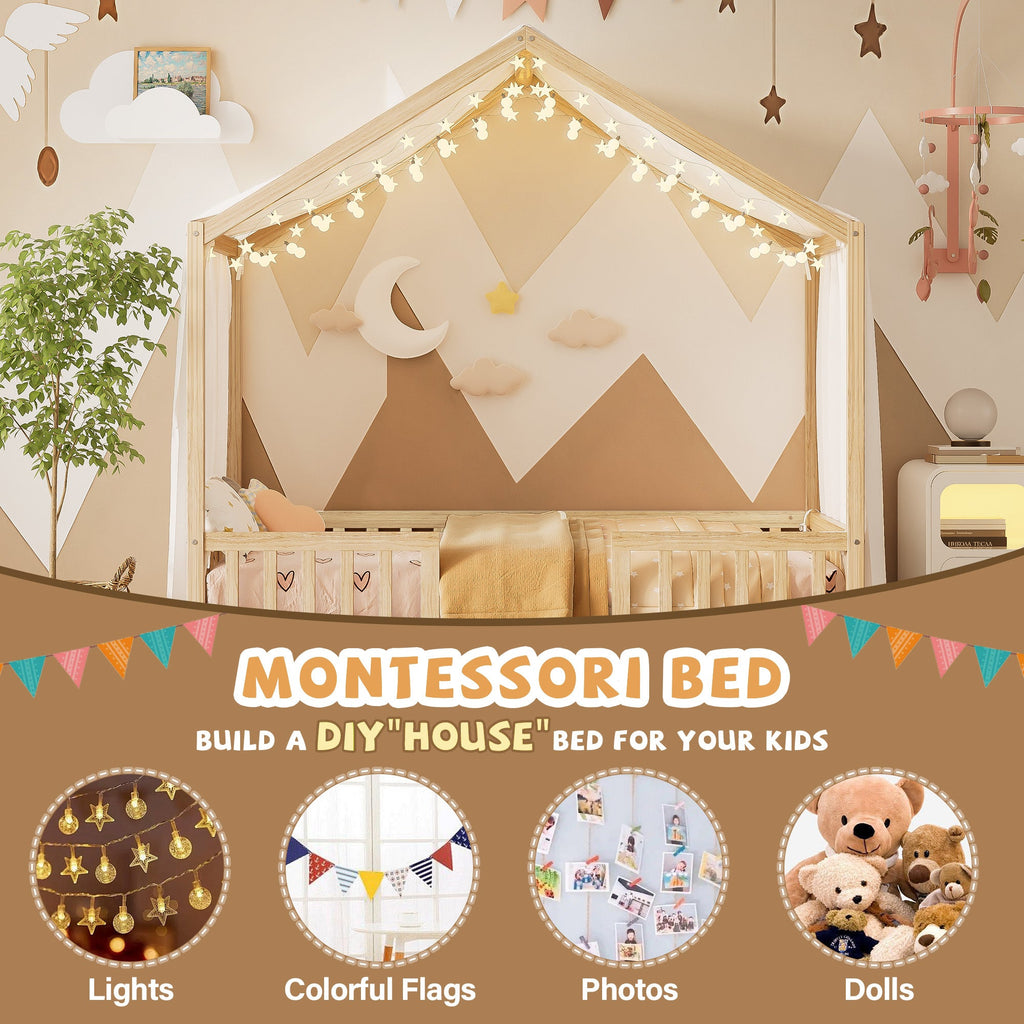Montessori Floor Bed with Canopy, Twin Bed Frame for Kids, House Shape Kids Bed Frame with High Railings, Wood Kids Bed with Roof, Kid Twin Bed, Natural