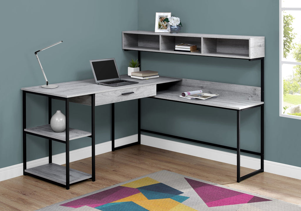 Computer Desk, Home Office, Corner, Storage Drawers, L Shape, Work, Laptop, Grey Laminate, Black Metal, Contemporary, Modern