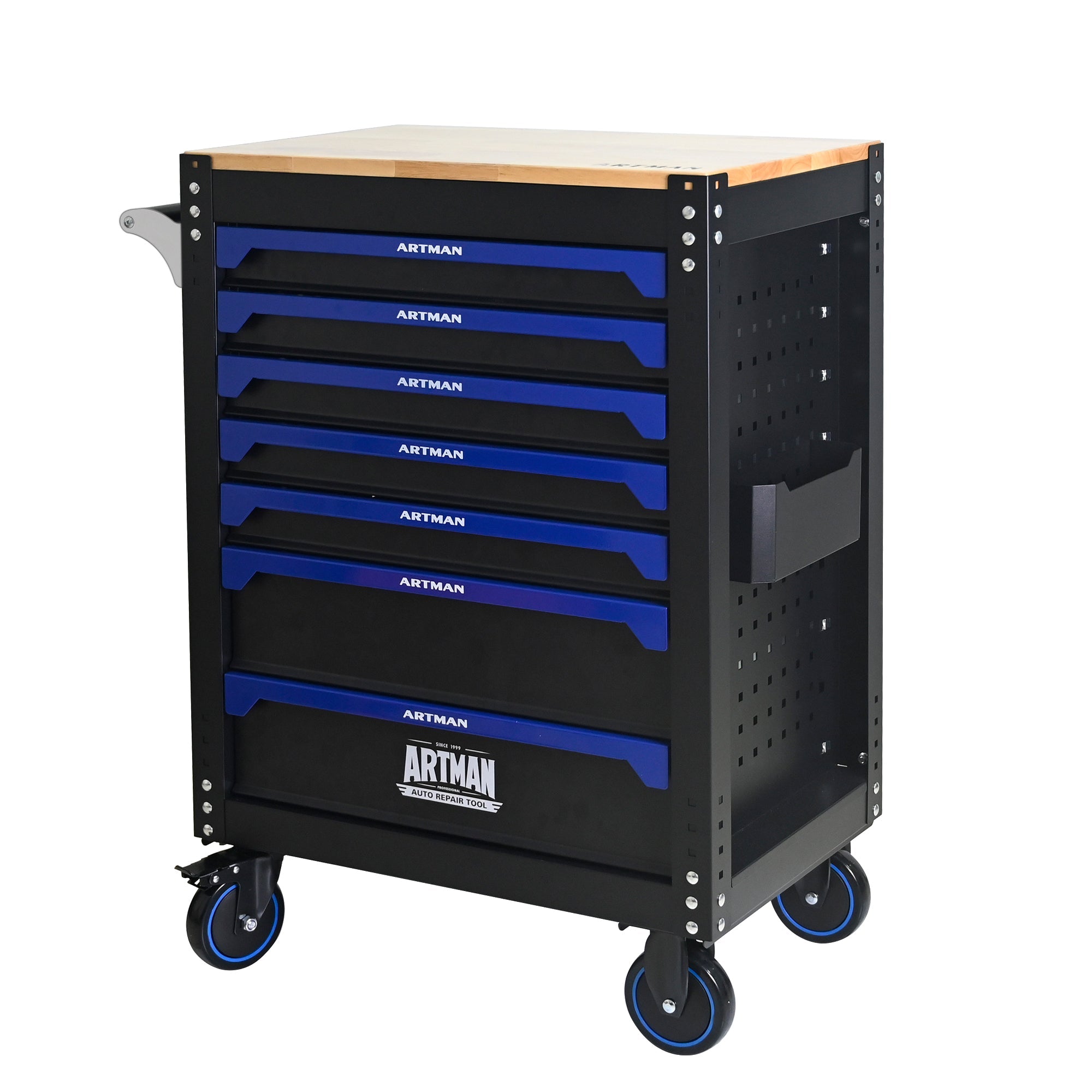 30-inch 7-drawer Wood-top Practical Rolling Steel Tool Cart, With Handle and Wheels, Storage Cabinet for Garages, Warehouses, Repair Shops, Requires Assembly of the the Tool Cart - Black & Blue