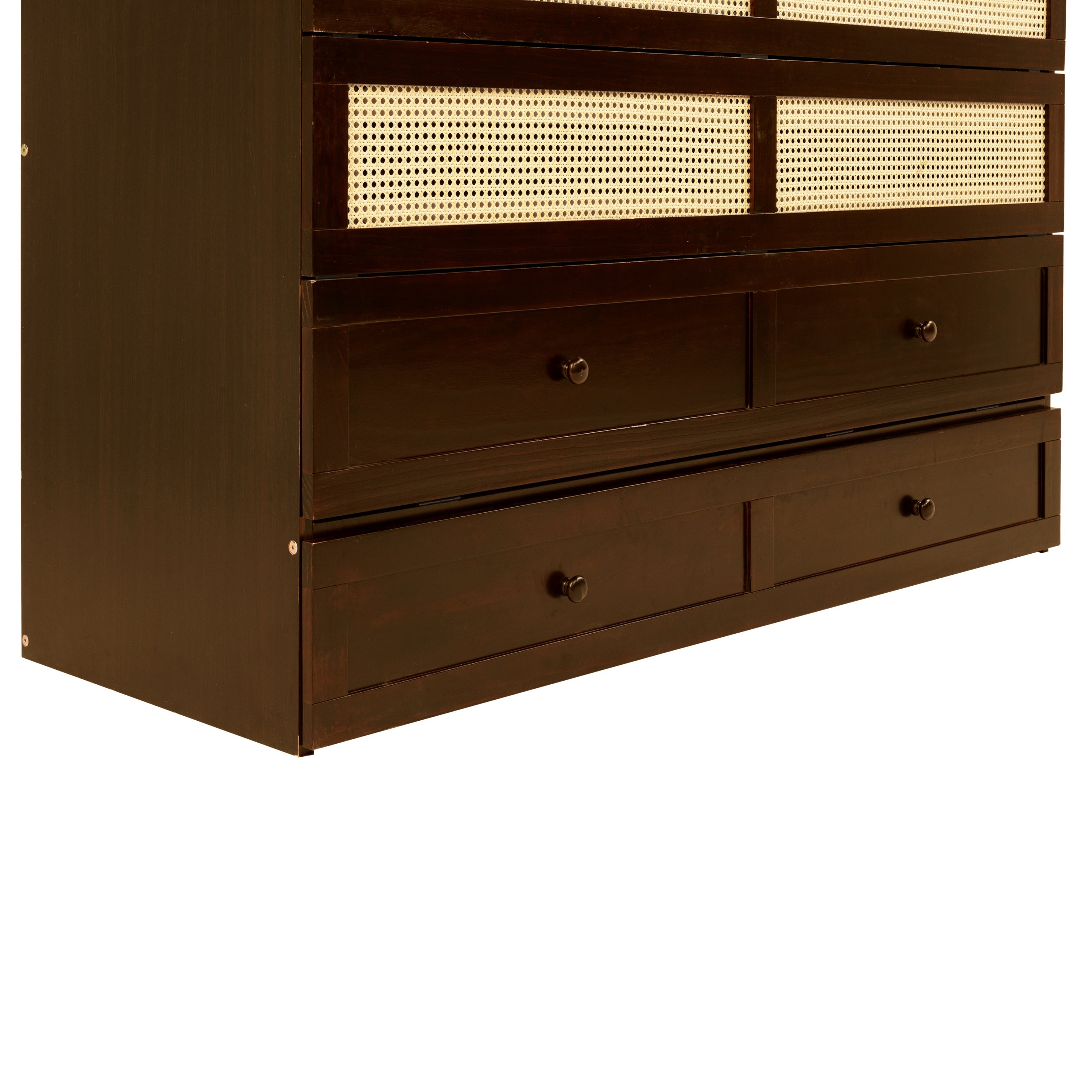 Queen Size Murphy Bed, Pine Wood Cabinet Bed with Rattan Decoration and Storage Drawer,Walnut