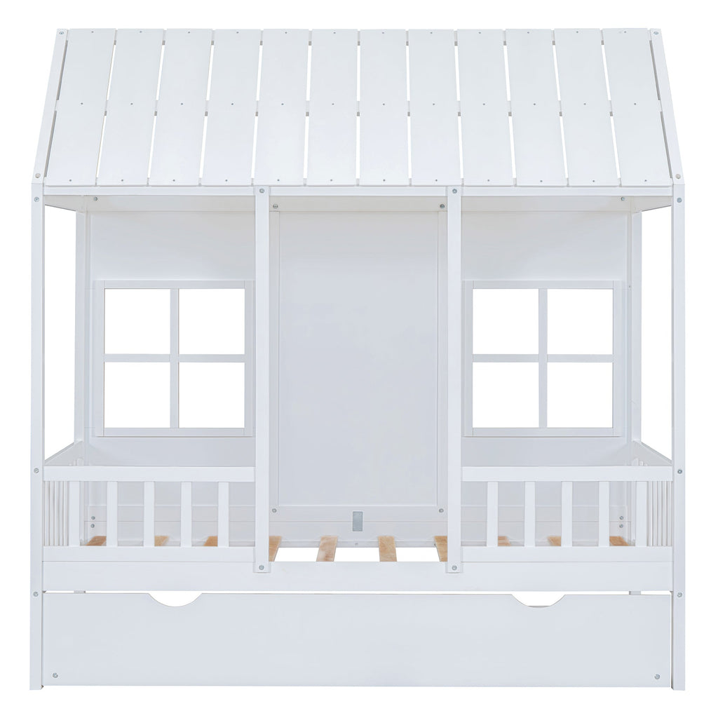 Twin Size Wood House Bed With Twin Size Trundle, Wooden Daybed, White