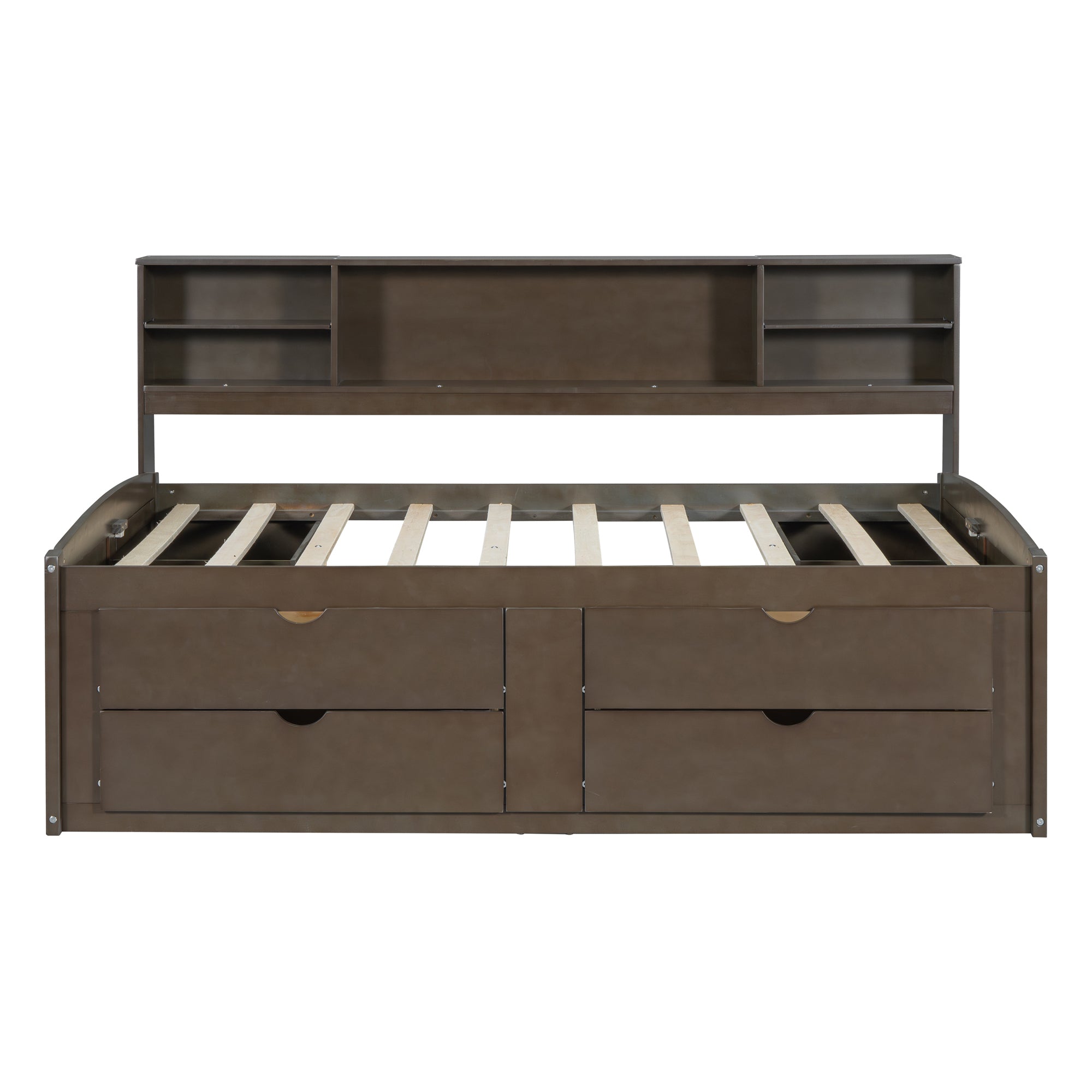 Full Size Wood Daybed with 2 Bedside Cabinets, Upper Shelves and 4 Drawers, Antique Brown