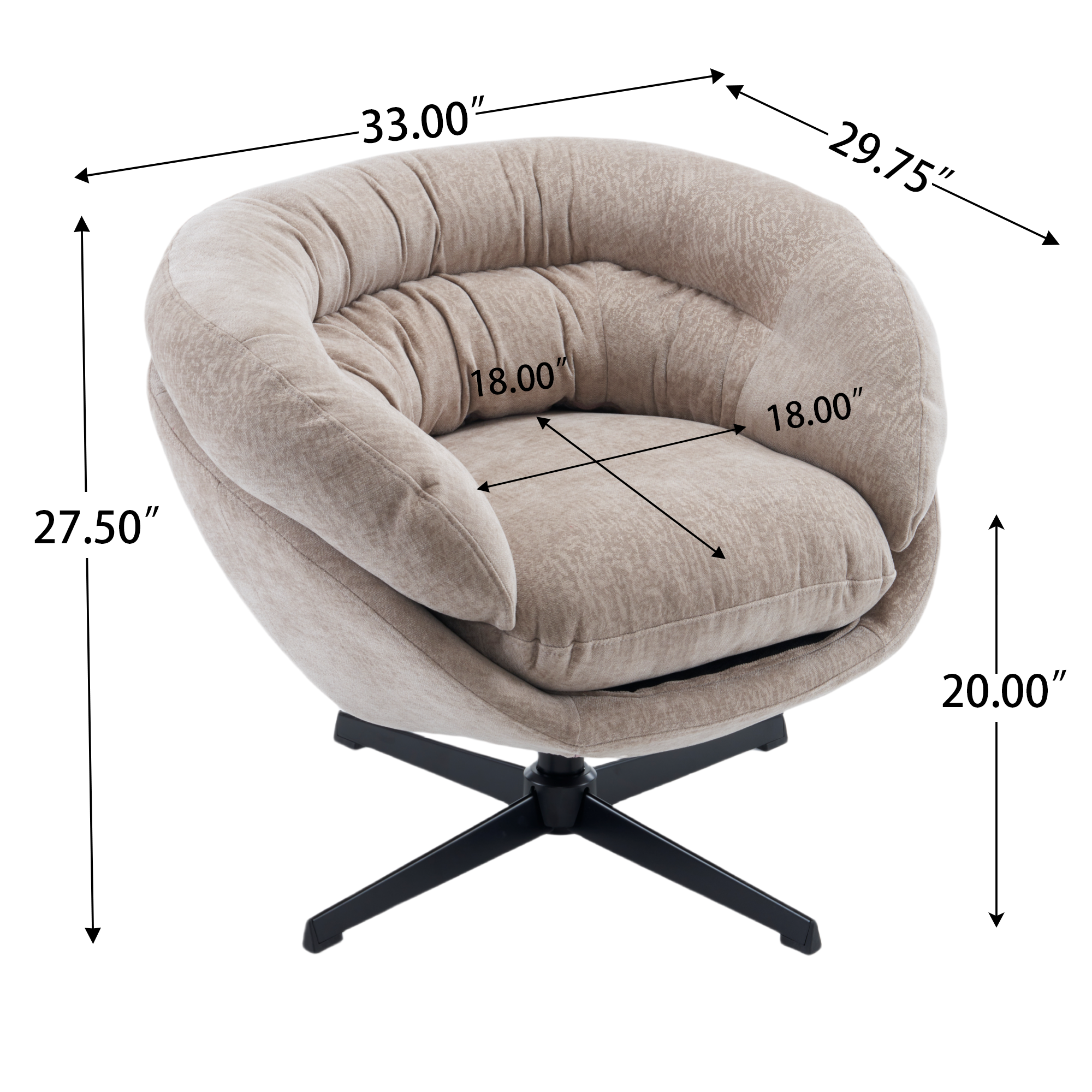 Modern Chenille Office Chair, 360° Swivel Club Chair/Accent Chair with Removable Cushion, Round Office Chair, Black Metal Base, Cotton Material, Living Room, Bedroom, Reading Corner, Office (Brown)