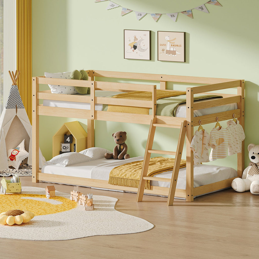 Kids Twin Low Loft Bed - Convertible to Bunk Bed, Solid Wood Modern Bed Frame with LED Strip Lighting, OAK.