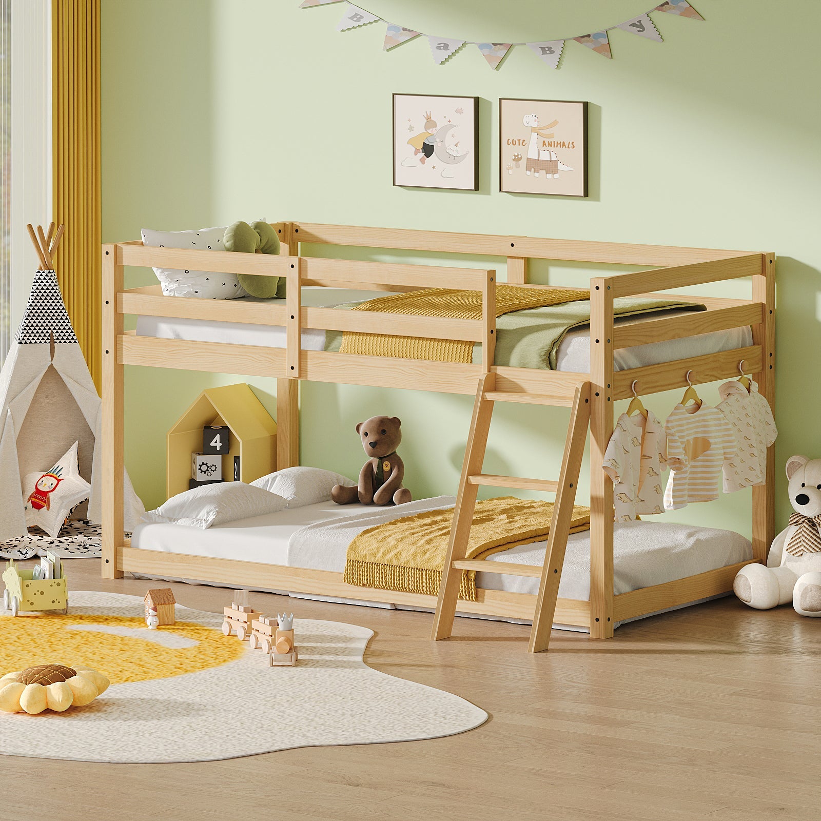 Kids Twin Low Loft Bed - Convertible to Bunk Bed, Solid Wood Modern Bed Frame with LED Strip Lighting, OAK.
