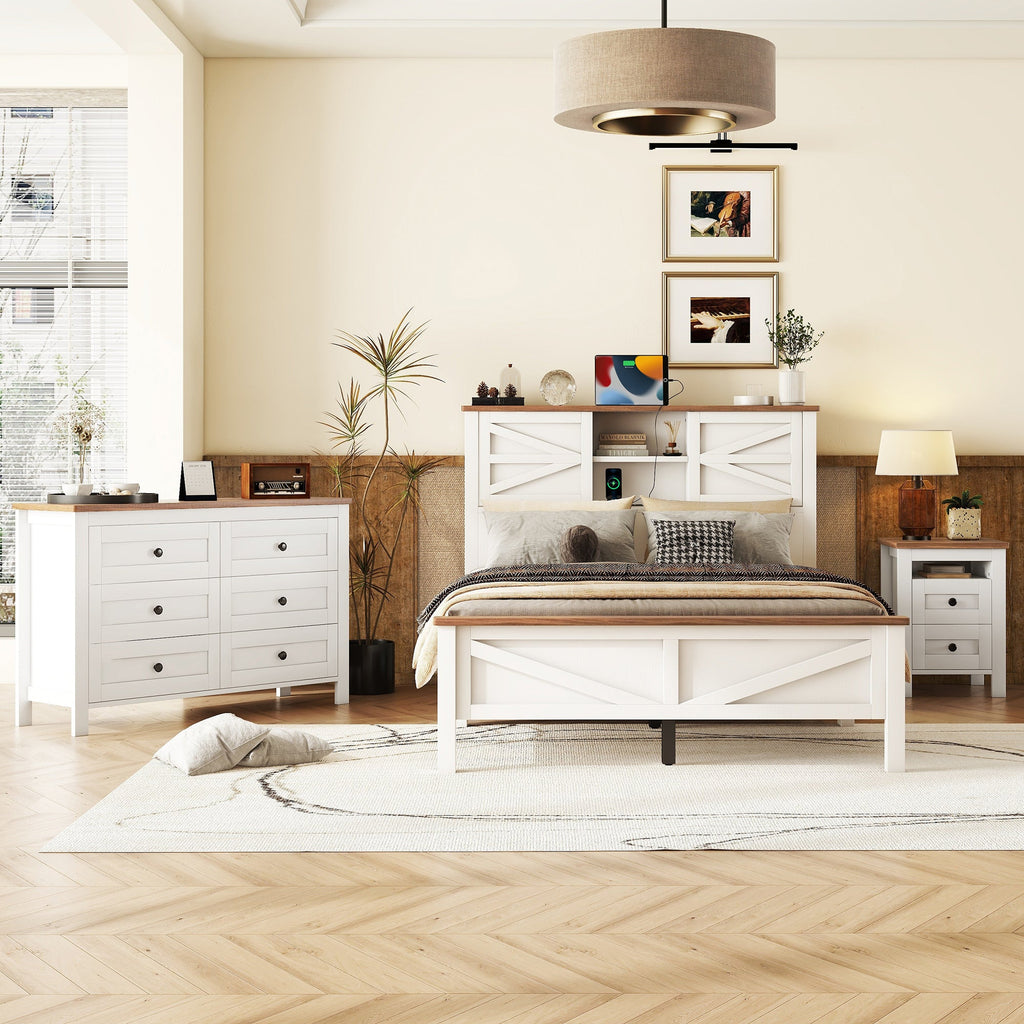 3-Pieces Bedroom Sets Full Size Farmhouse Platform Bed with Double Sliding Door Storage Headboard and Charging Station, Storage Nightstand and Dresser, White+Brown(Old SKU HL000091AAK)