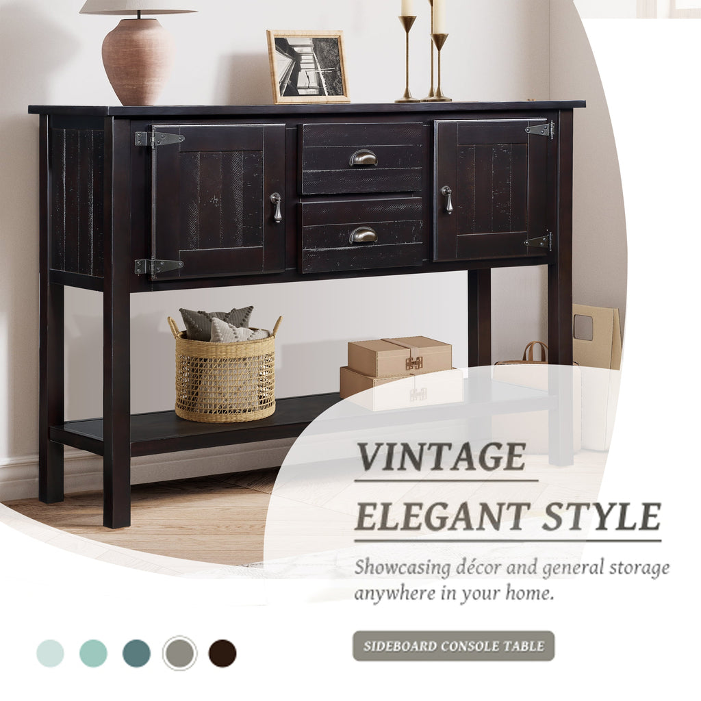 48'' Solid Wood Sideboard Console Table with 2 Drawers and Cabinets and Bottom Shelf, Retro Style Storage Dining Buffet Server Cabinet for Living Room Kitchen Dining Room (Espresso