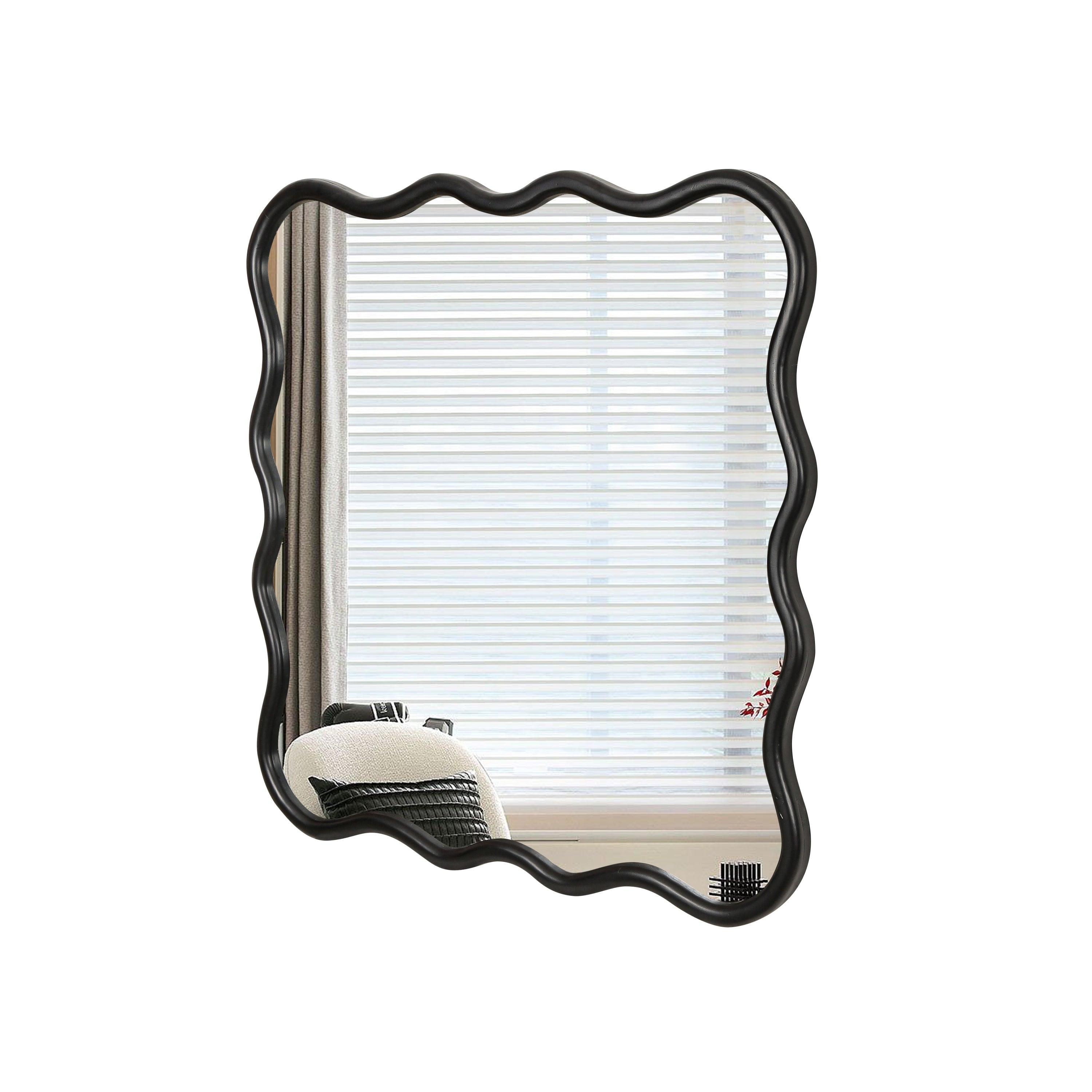 Solid Wood Wavy Square Mirror-Black 36' x 36' Modern Mirror Wall Decor for Bathroom, Bedroom, Living Room, Dining Room, Cloakroom, Entryway