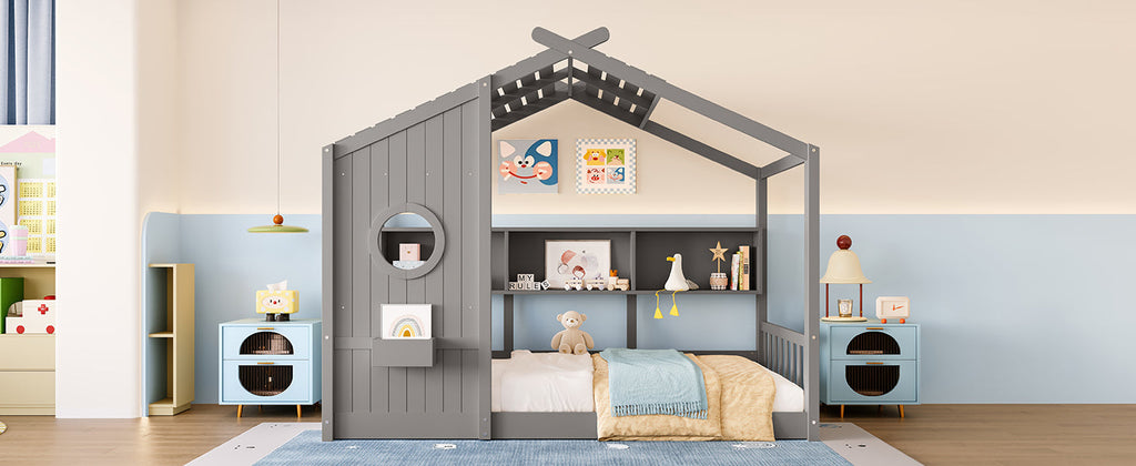 Twin Size Floor House Bed for Toddler, Kids Montessori Bed  with Storage Shelf, Playhouse Bed with Roof Design, Gray