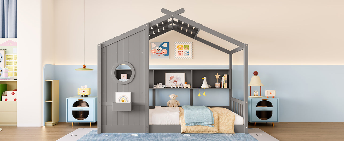 Twin Size Floor House Bed for Toddler, Kids Montessori Bed  with Storage Shelf, Playhouse Bed with Roof Design, Gray