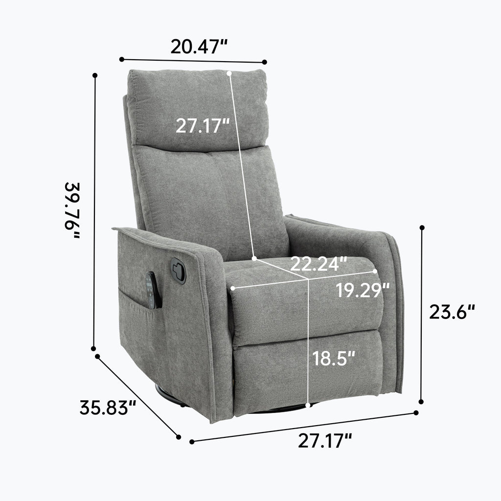 Heat Massage Manual Recliner Chair with Rocker and Swivel in Fabric for Living Room, Light Grey