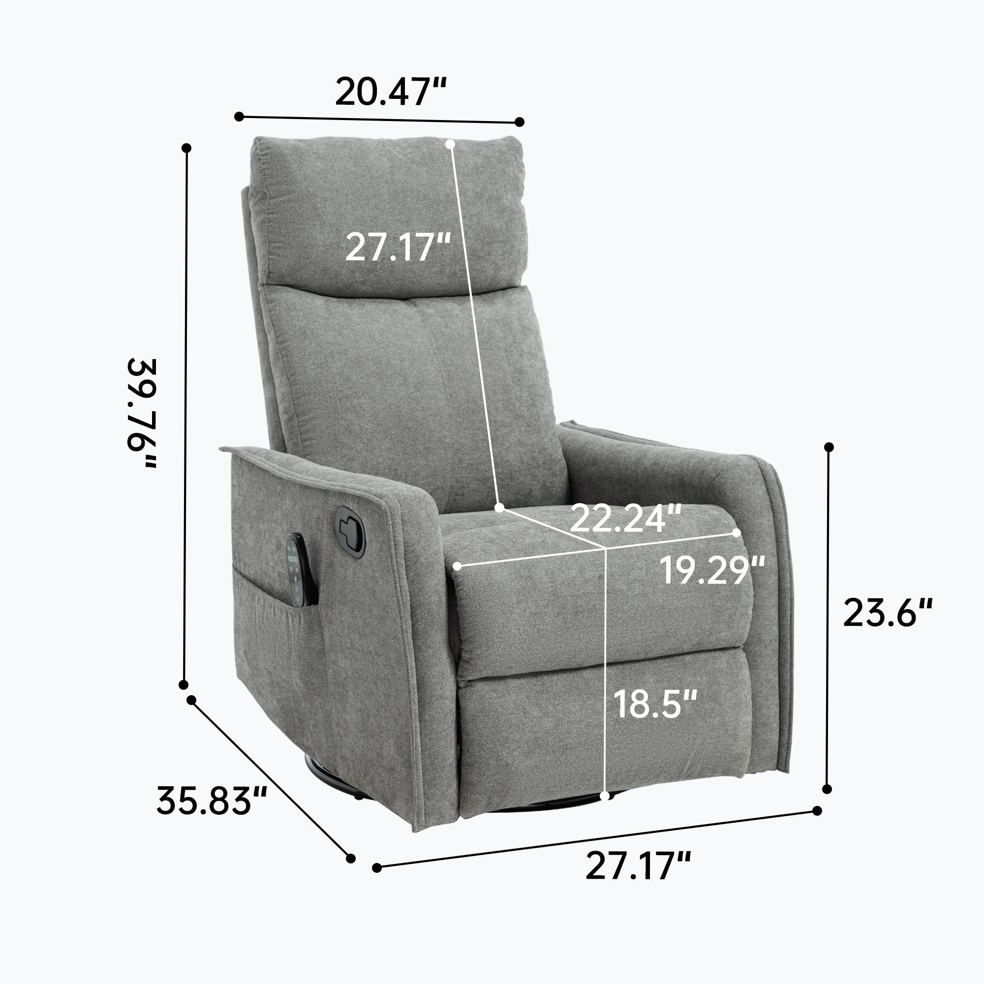 Heat Massage Manual Recliner Chair with Rocker and Swivel in Fabric for Living Room, Light Grey