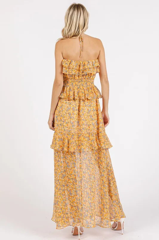 Mittoshop Ruffled Smocked Floral Halter Neck Maxi Dress