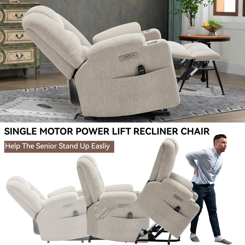 Power Lift Recliner Chair with Massage and Heat for Elderly, Overstuffed Wide Recliners, Heavy Duty Motion Mechanism with USB and Type C Ports, 2 Steel Cup Holders, Beige