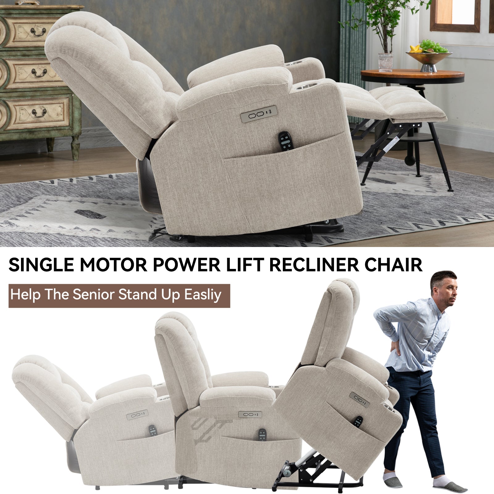 Power Lift Recliner Chair with Massage and Heat for Elderly, Overstuffed Wide Recliners, Heavy Duty Motion Mechanism with USB and Type C Ports, 2 Steel Cup Holders, Beige