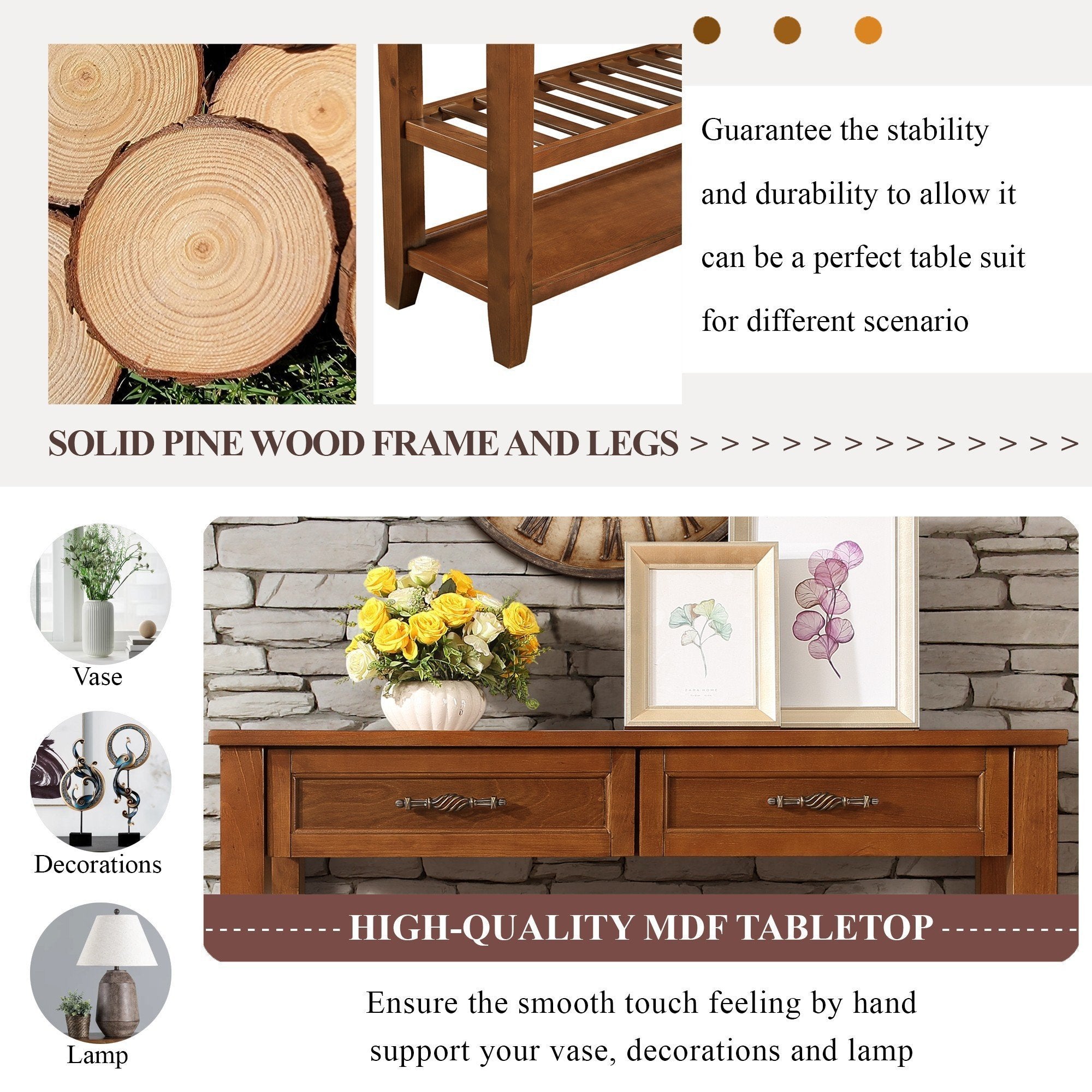 Console Sofa Table with 2 Storage Drawers and 2 Tiers Shelves, Mid-Century Style 42'' Solid Wood Buffet Sideboard for Living Room Furniture Kitchen Dining Room Entryway Hallway, Brown