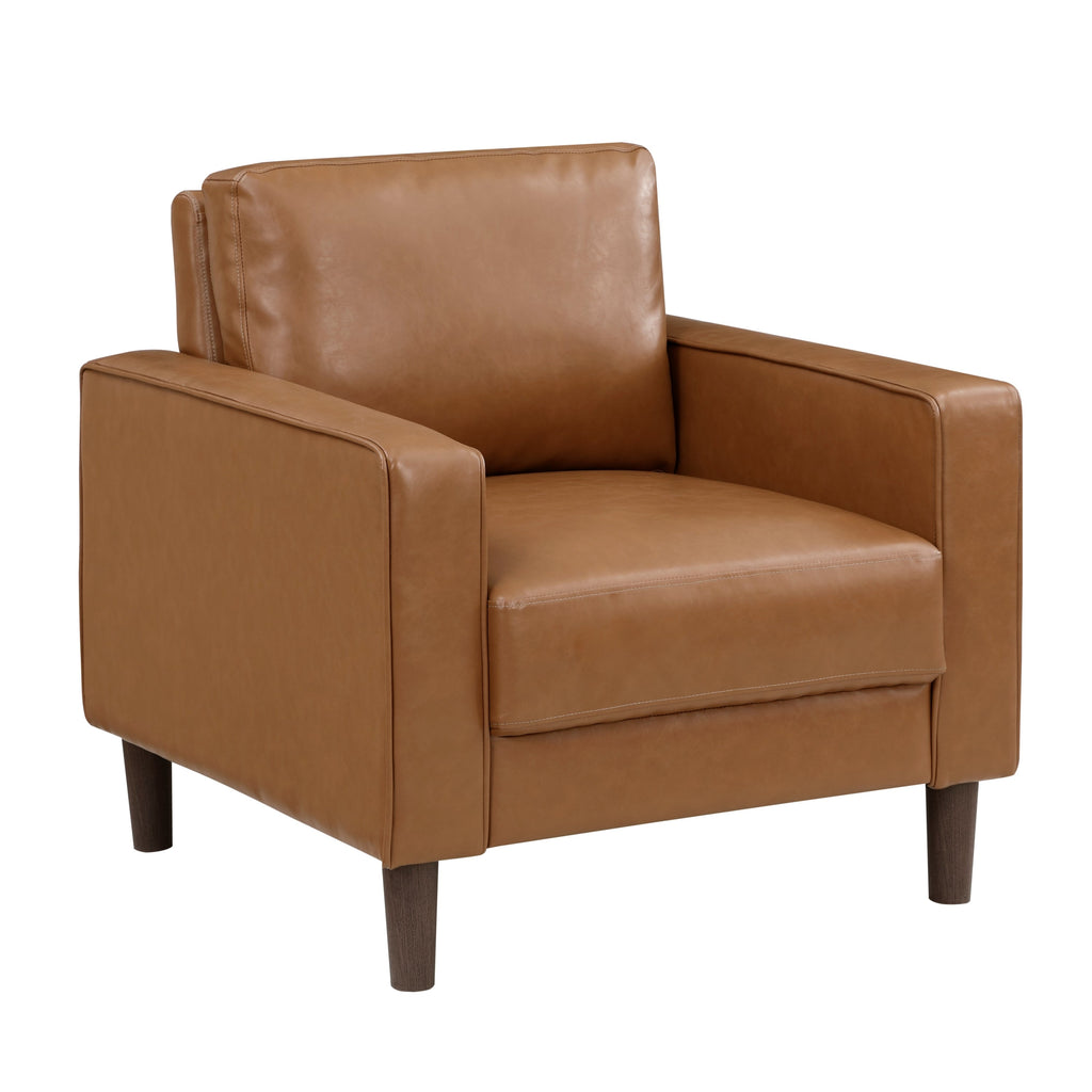 Modern Living Room Furniture 3pc Set Sofa Loveseat Chair Brown Faux Leather Upholstered Cushion Back Seat Solid Wood