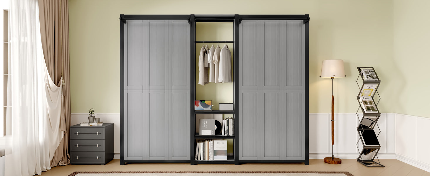 Twin and Twin Murphy Bed, Metal Foldable Murphy Bed with Wardrobe, Shelves and Power Outlets, 2 in 1 Design, Space-saving, Gray