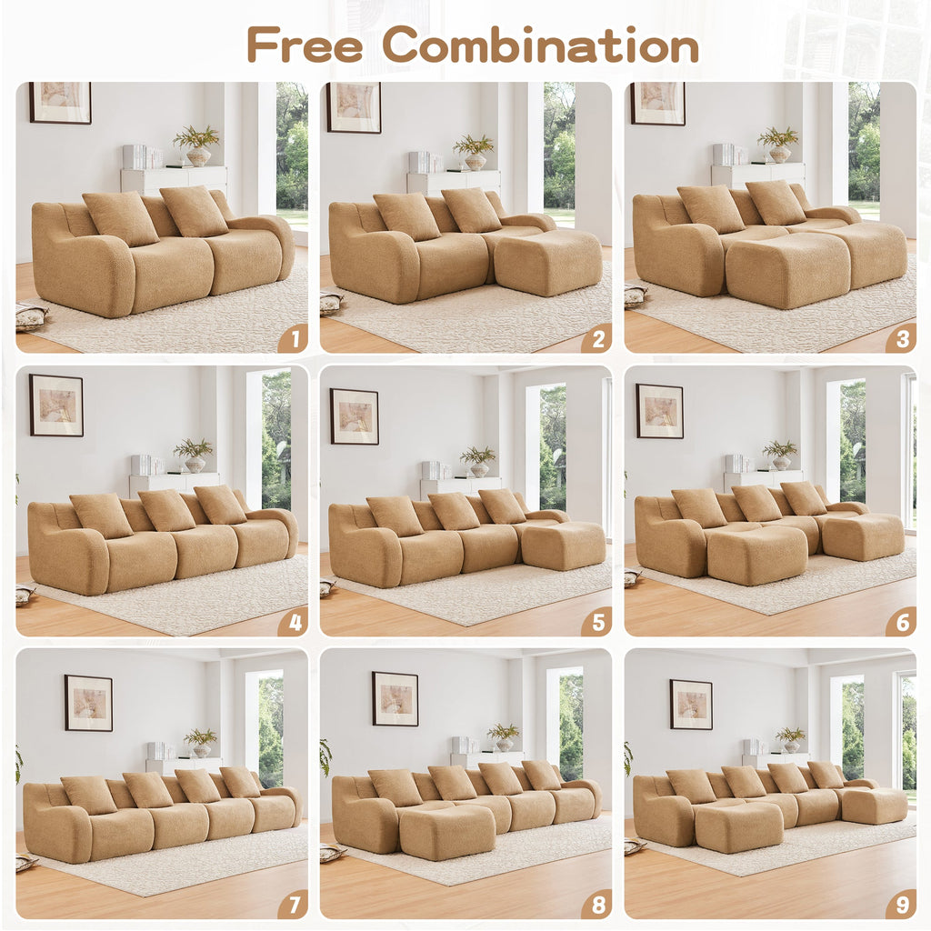 U-Shaped Boneless Sofa,Teddy Fabric No assembly required   Curved armrest,Anti-slip Design,Streamlined Design 32D High Density Sponge,Full Compression Vacuum Packag,For Studies living Rooms,Camel
