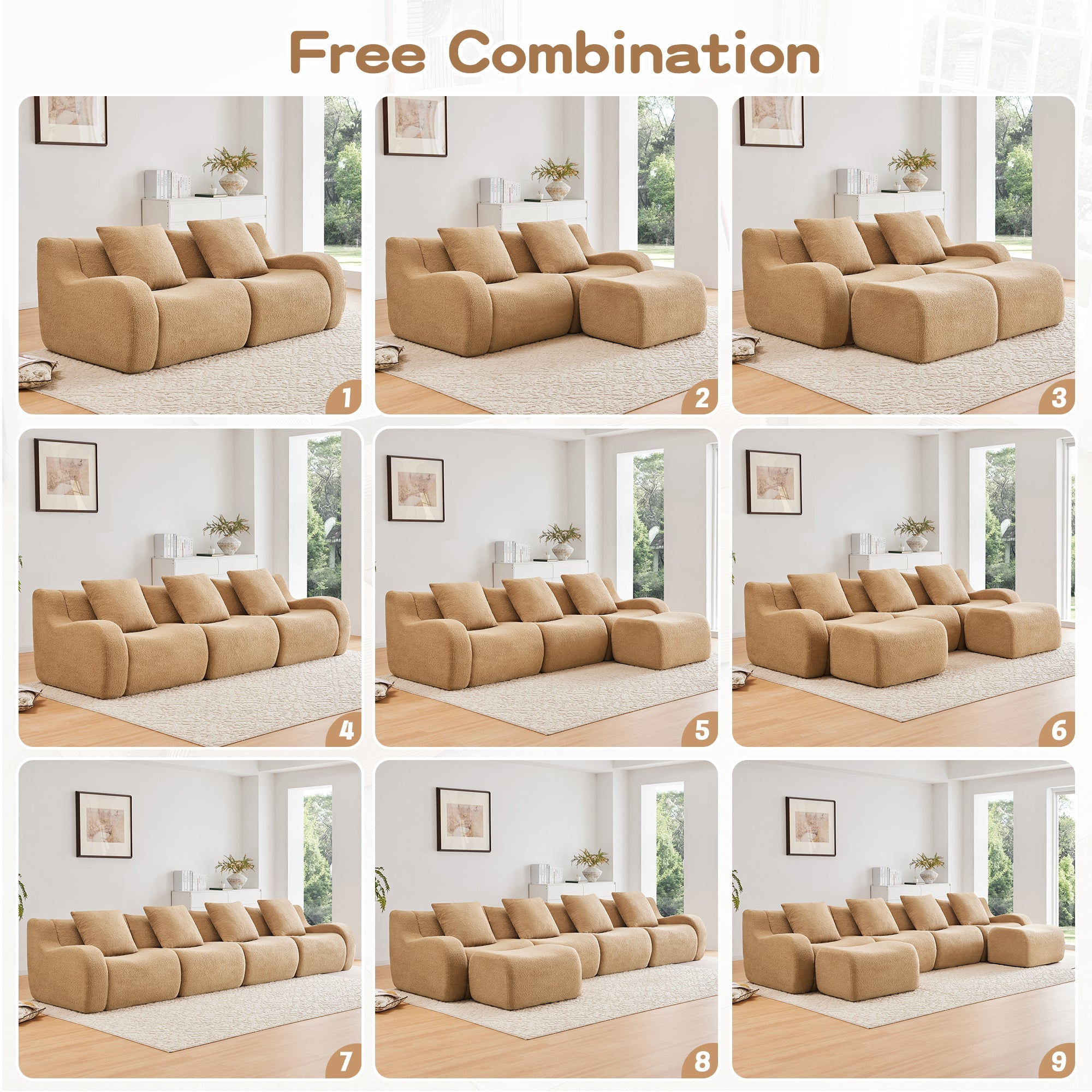 U-Shaped Boneless Sofa,Teddy Fabric No assembly required   Curved armrest,Anti-slip Design,Streamlined Design 32D High Density Sponge,Full Compression Vacuum Packag,For Studies living Rooms,Camel