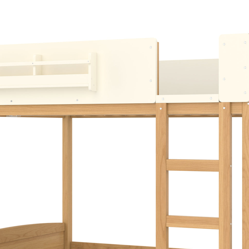 Queen Bunk Bed with Trundle , Wood Bunk Bed Frame with Built-in Bookshelf and High-quality Safety Guardrail,Automobile Form Design for Kids,Natural＆Beige